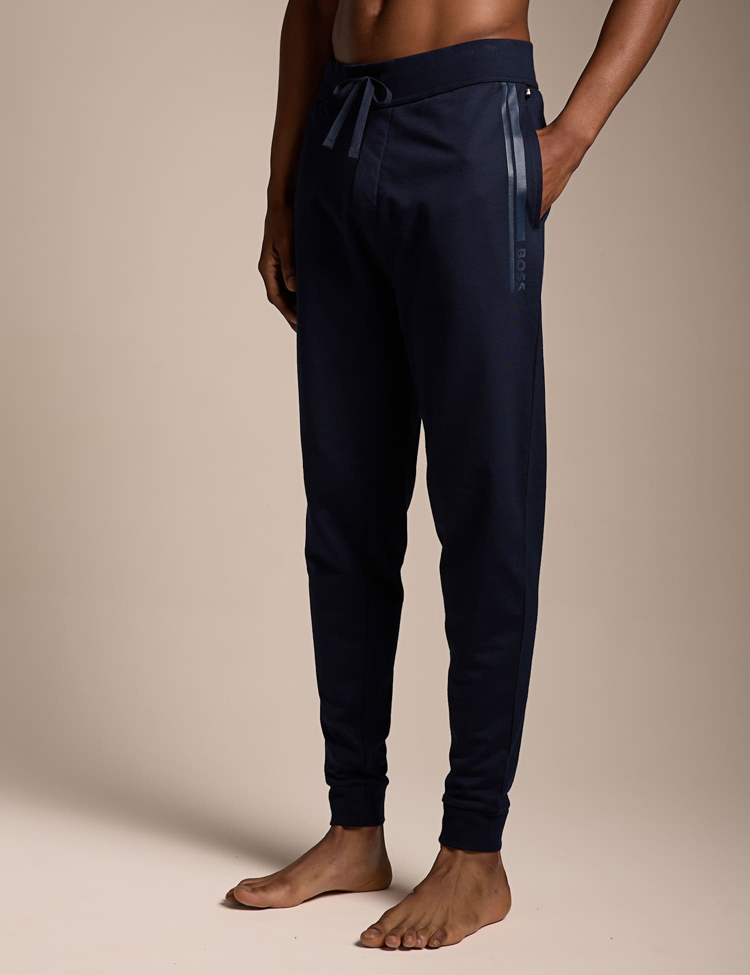 Boss Authentic Cotton Terry Joggers With Logo And Stripe Navy