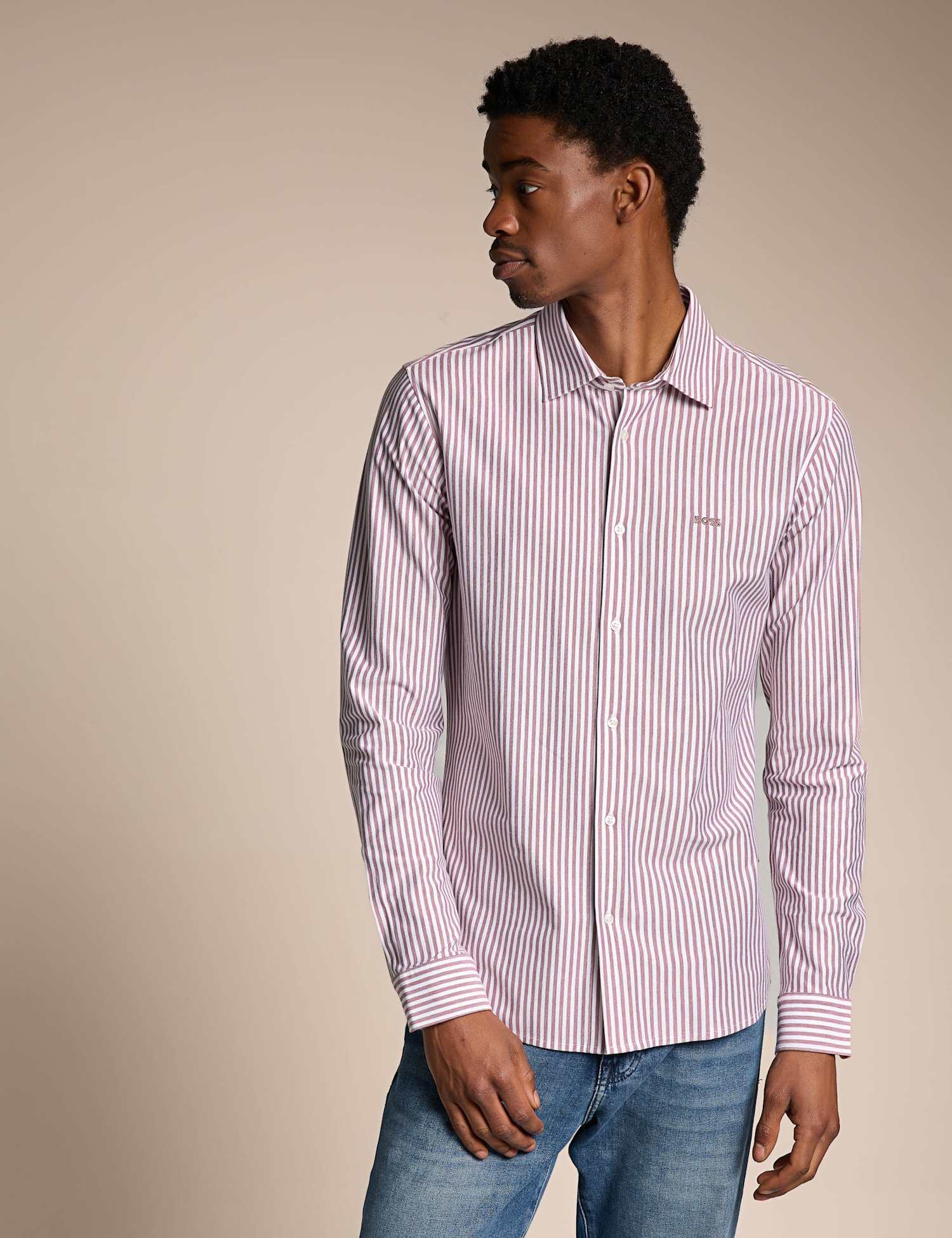 Boss Slim Fit Pure Cotton Striped Shirt Red Mix