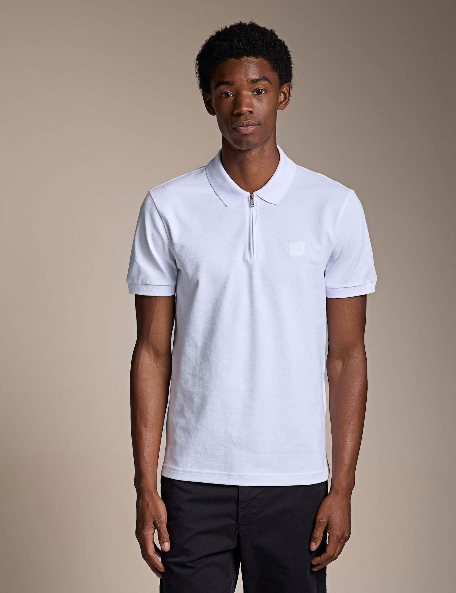Boss Slim Fit Cotton Rich Zip Polo Shirt White