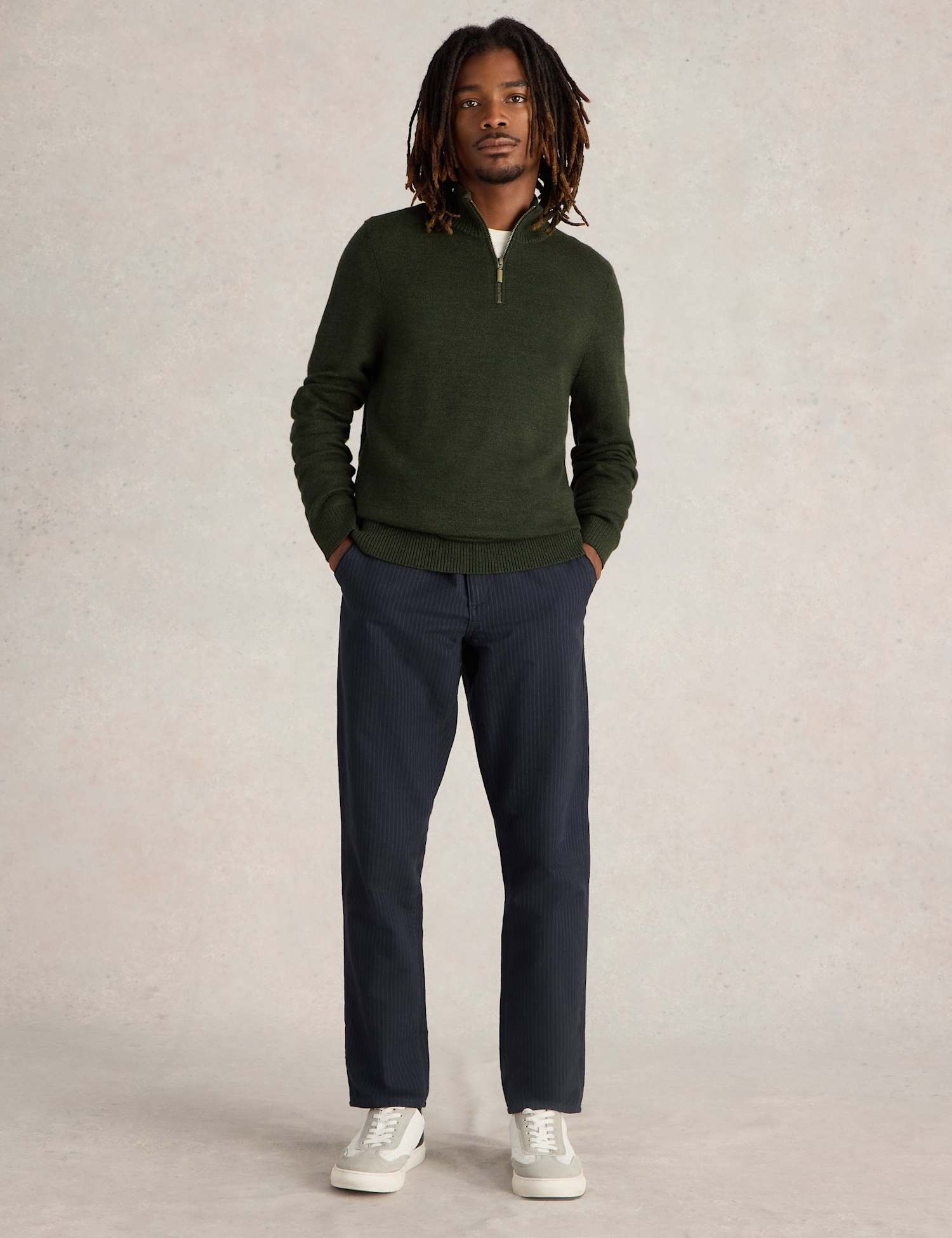 White Stuff Pure Merino Wool Funnel Neck Half Zip Jumper Green