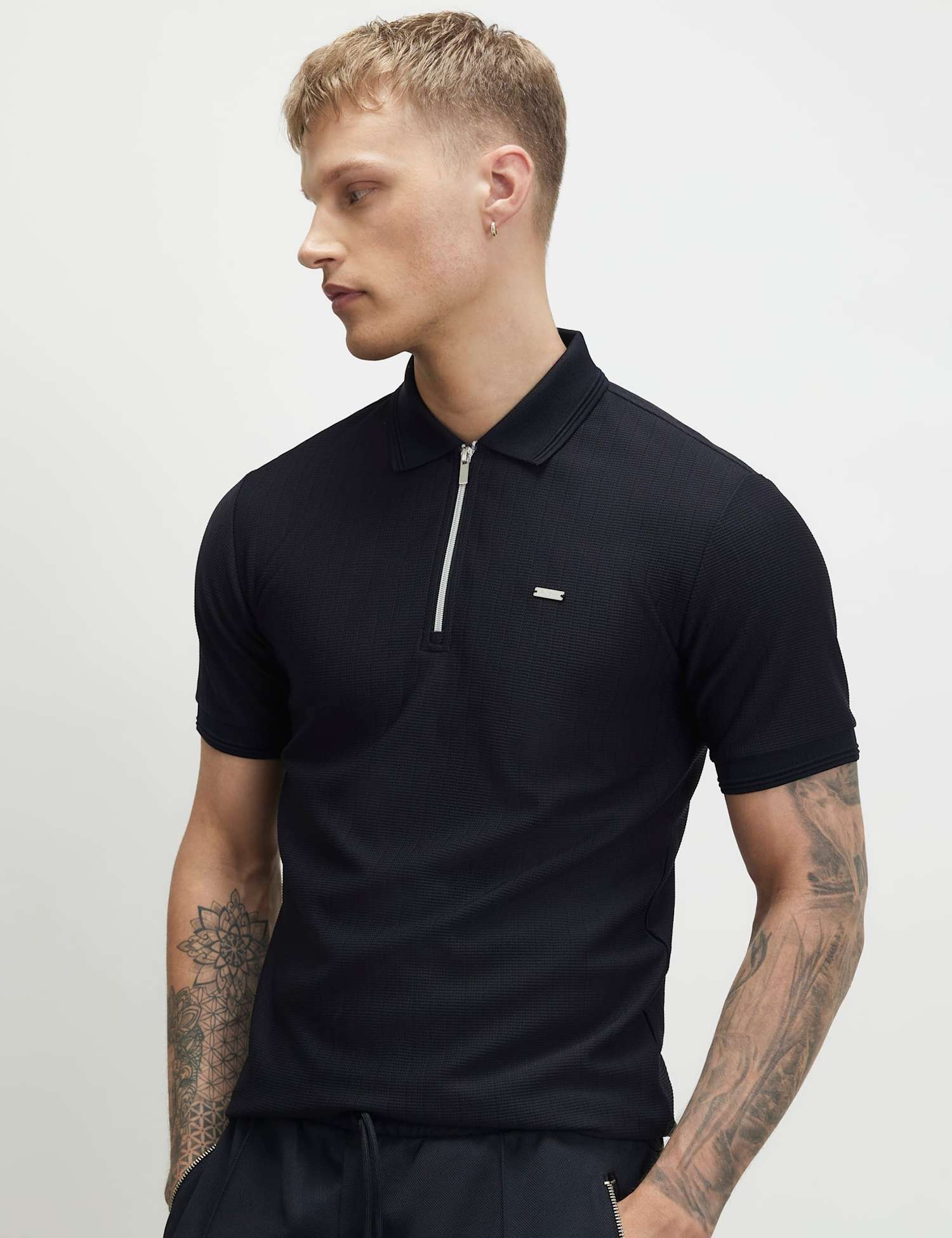 River Island Muscle Fit Textured Half Zip Knitted Polo Shirt Black