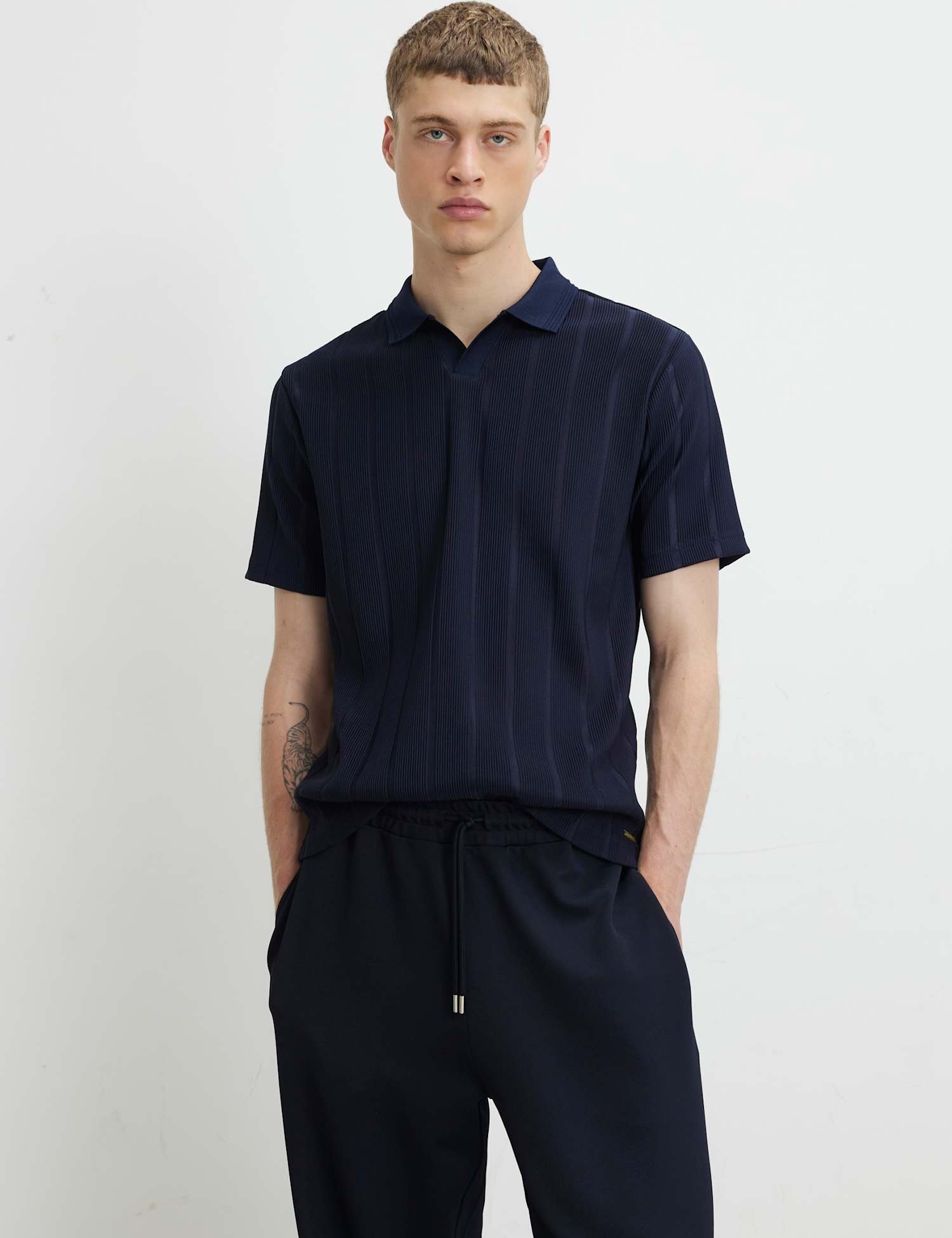River Island Textured Open Neck Knitted Polo Shirt Navy