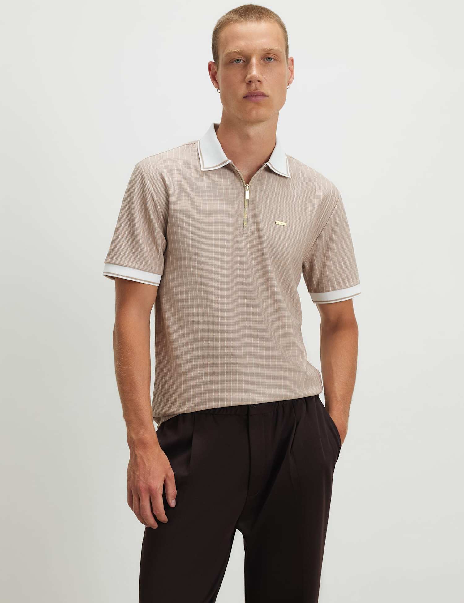 River Island Striped Half Zip Polo Shirt Stone