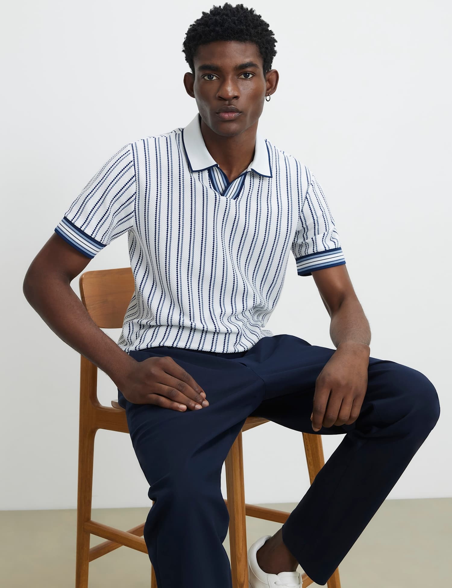 River Island Striped Open Neck Knitted Polo Shirt White Mix