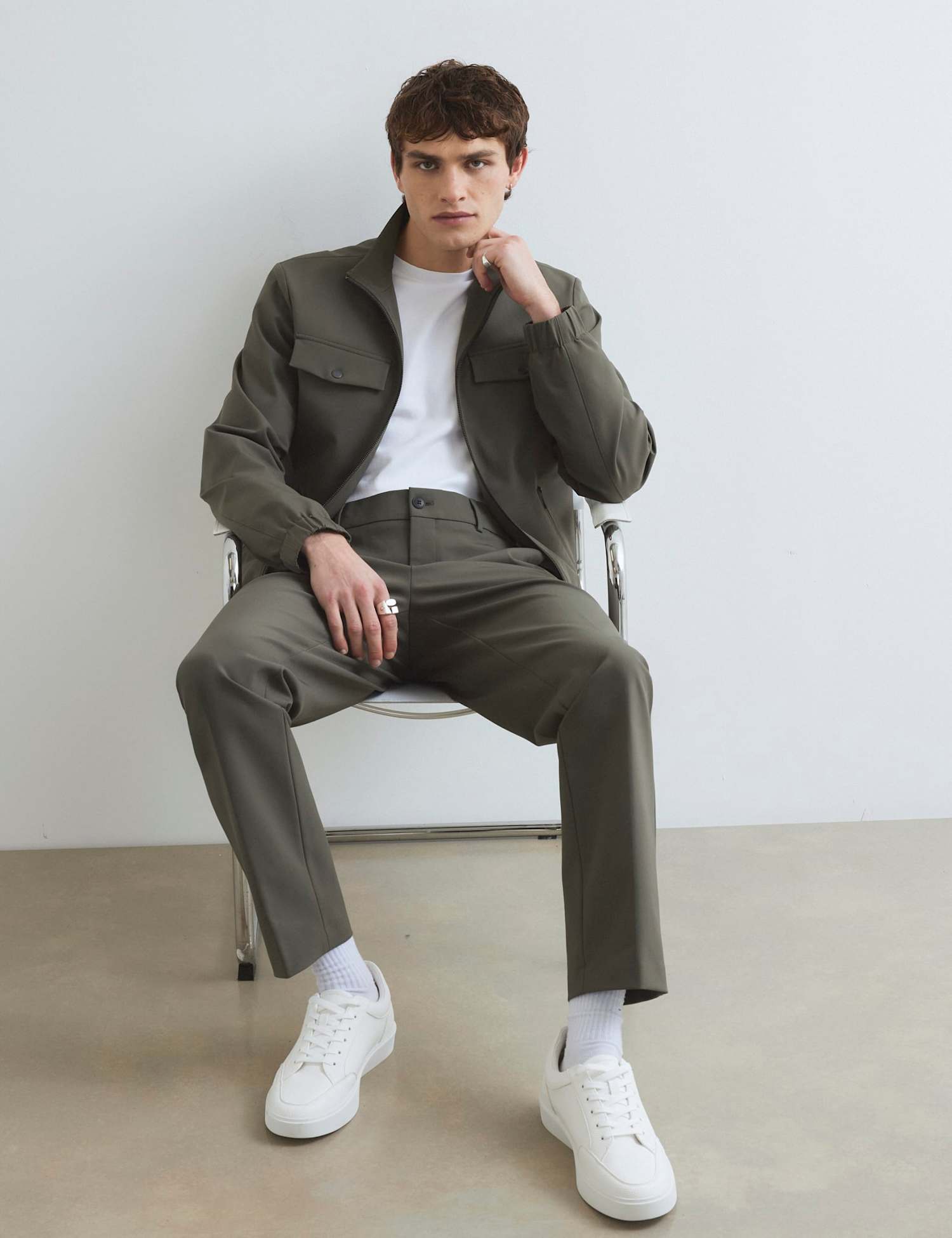 River Island Skinny Fit Flat Front Comfort Waist Trousers Khaki
