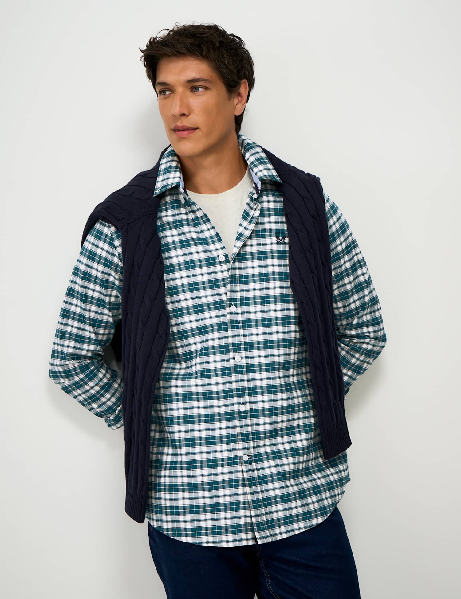 Crew Clothing Pure Cotton Regular Fit Oxford Shirt Green Mix