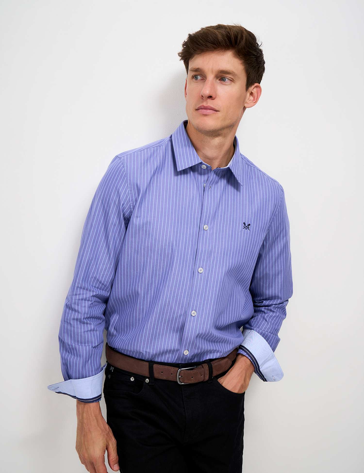 Crew Clothing Regular Fit Pure Cotton Striped Shirt Medium Blue Mix