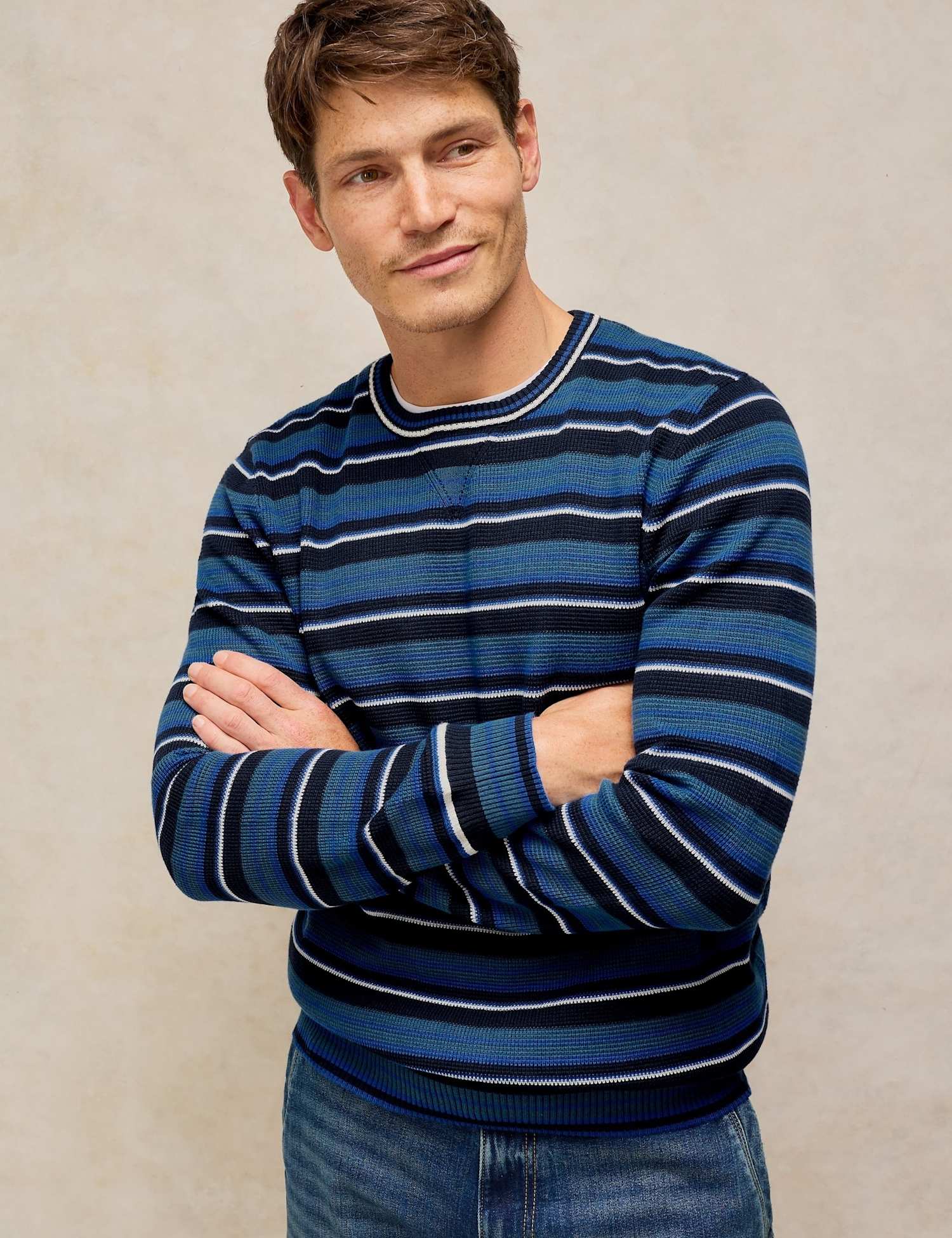 White Stuff Pure Cotton Striped Crew Neck Jumper Blue Mix
