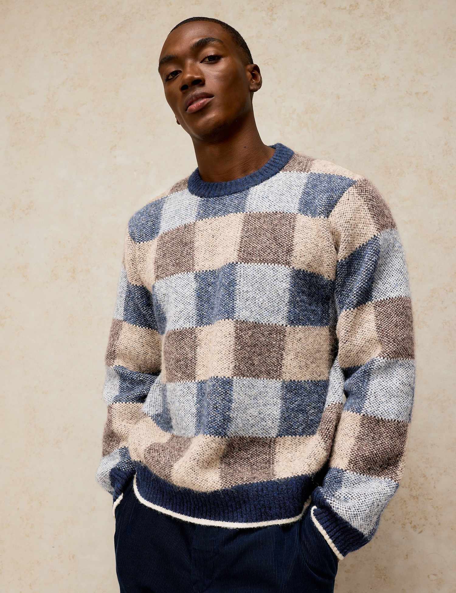 White Stuff Barnes Checked Crew Neck Jumper Natural Mix