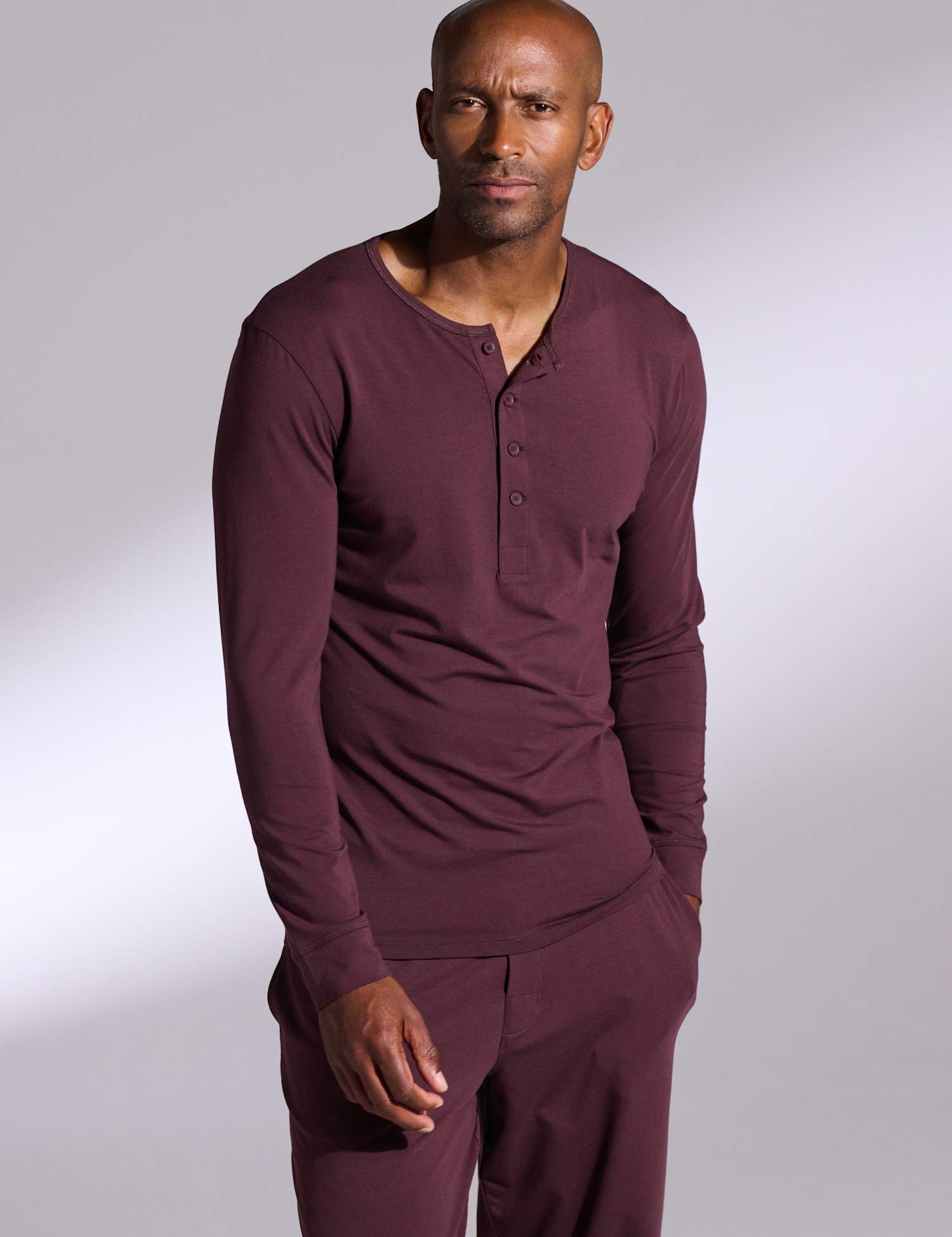 David Gandy Wellwear Premium Cotton Modal Long Sleeve Henley Pyjama Top Plum