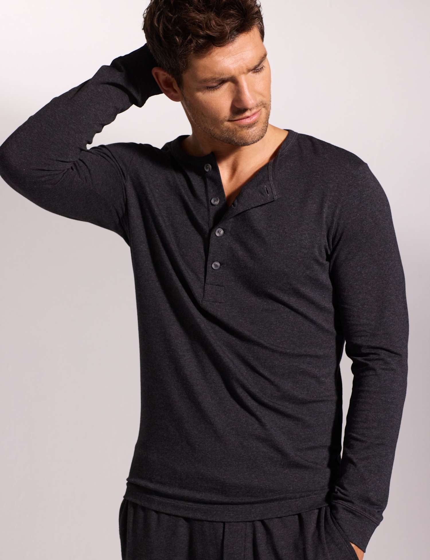 David Gandy Wellwear Premium Cotton Modal Long Sleeve Henley Pyjama Top Charcoal