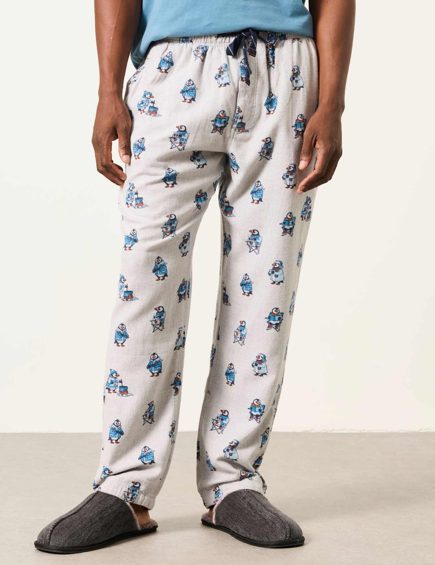 FatFace Pure Cotton Puffin Print Pyjama Bottoms Grey Mix