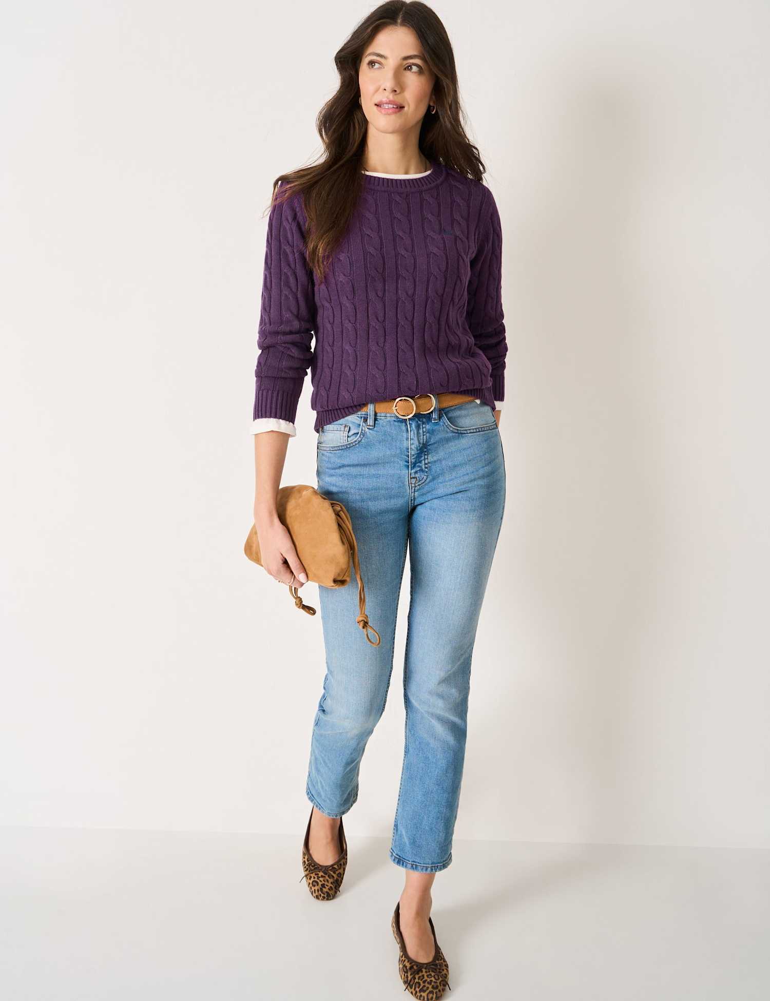 Crew Clothing Cotton Rich Cable Knit Crew Neck Jumper Dark Purple