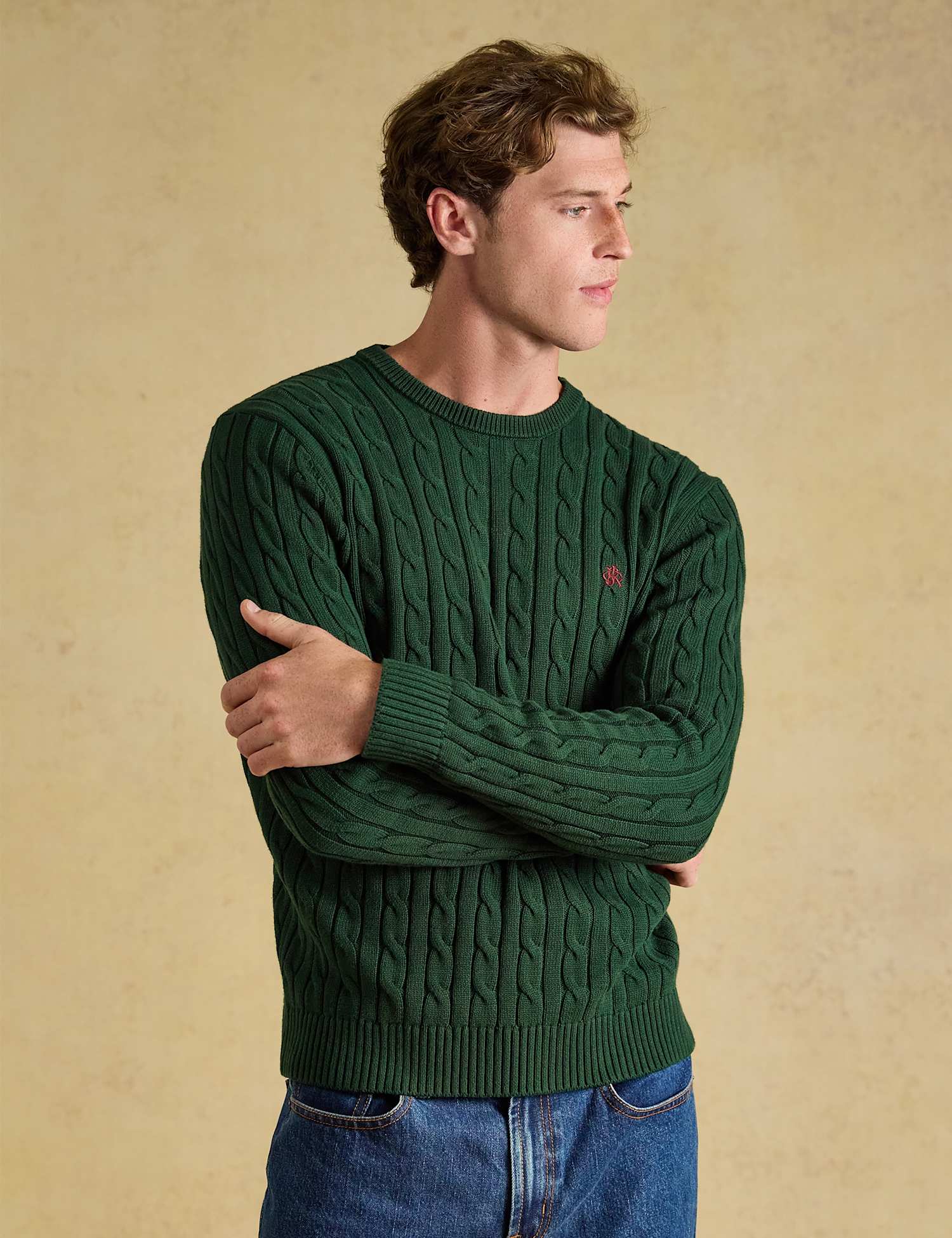 Joules Pure Cotton Cable Crew Neck Jumper Green