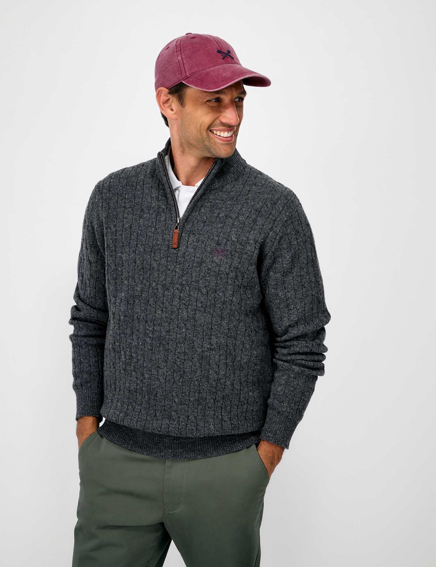 Crew Clothing Cable Funnel Neck Half Zip Jumper with Lambswool Grey
