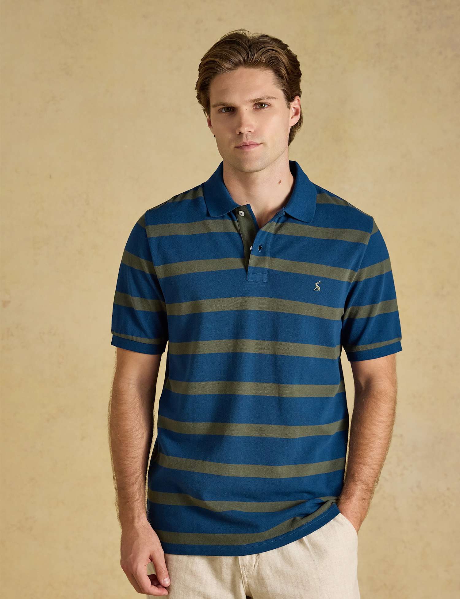Joules Pure Cotton Striped Pique Short Sleeve Polo Shirt Khaki Mix