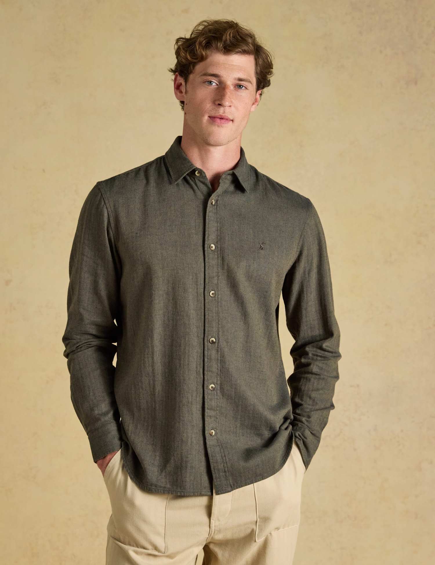 Joules Regular Fit Linen Rich Checked Shirt Khaki Mix