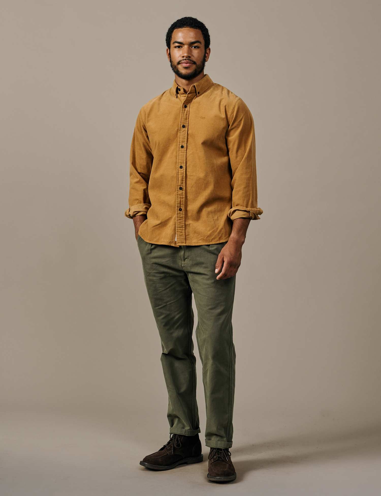 Aubin Regular Fit Pure Cotton Corduroy Shirt Tan