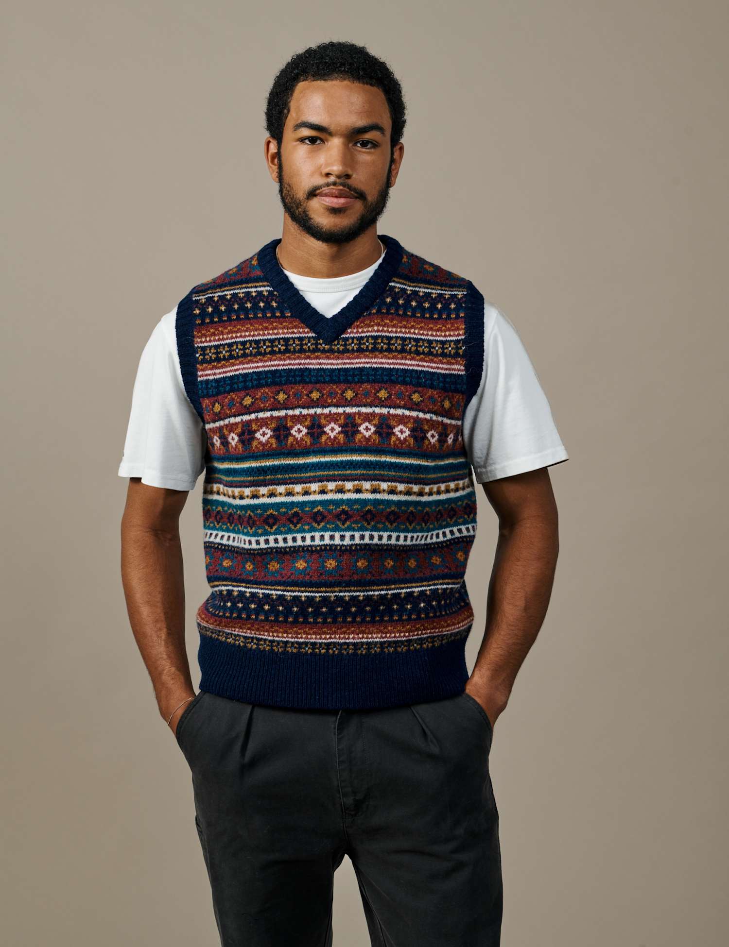Aubin Fairisle V Neck Knitted Tank Top with Wool Blue Mix
