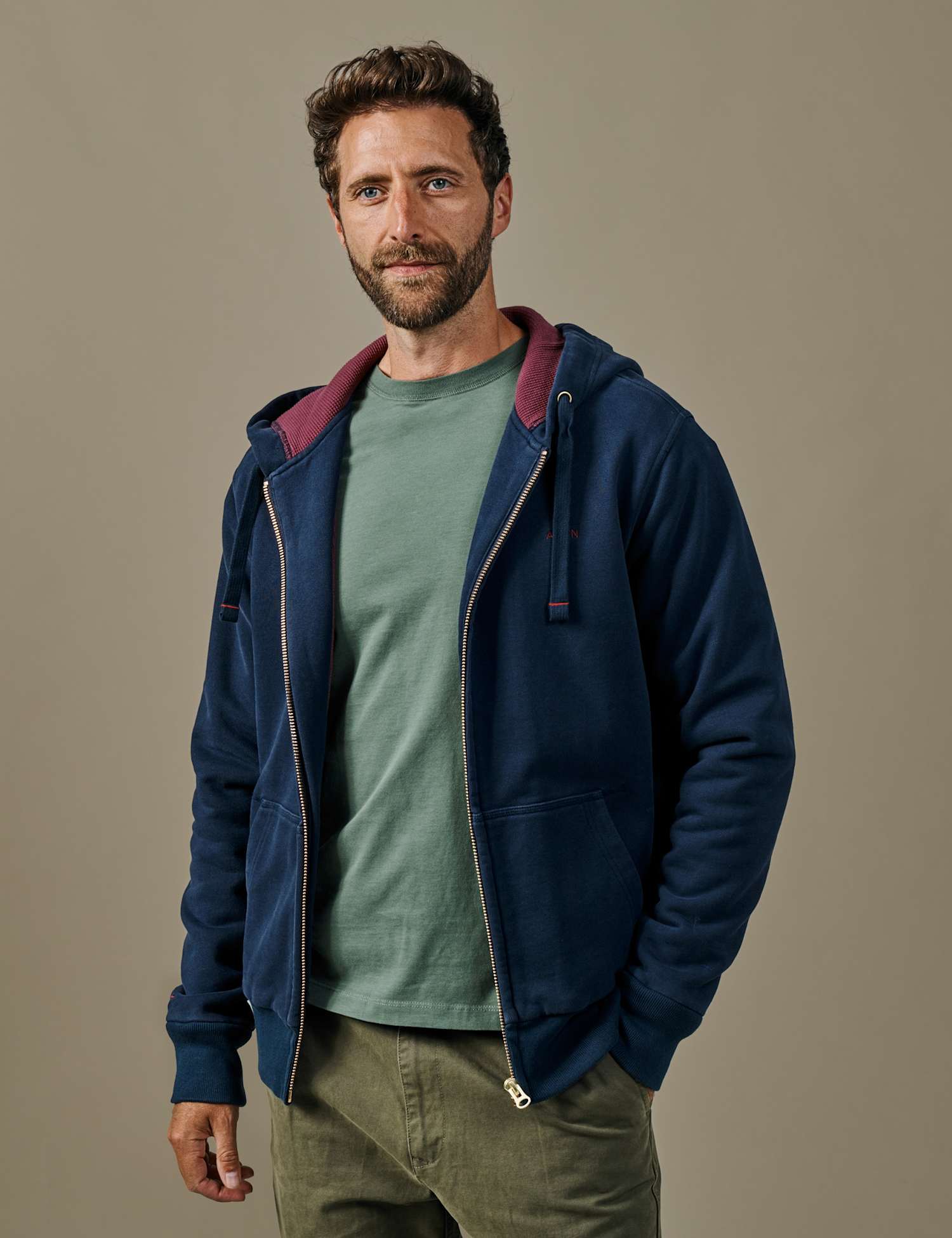 Aubin Pure Cotton Waffle Zip Up Hoodie Navy
