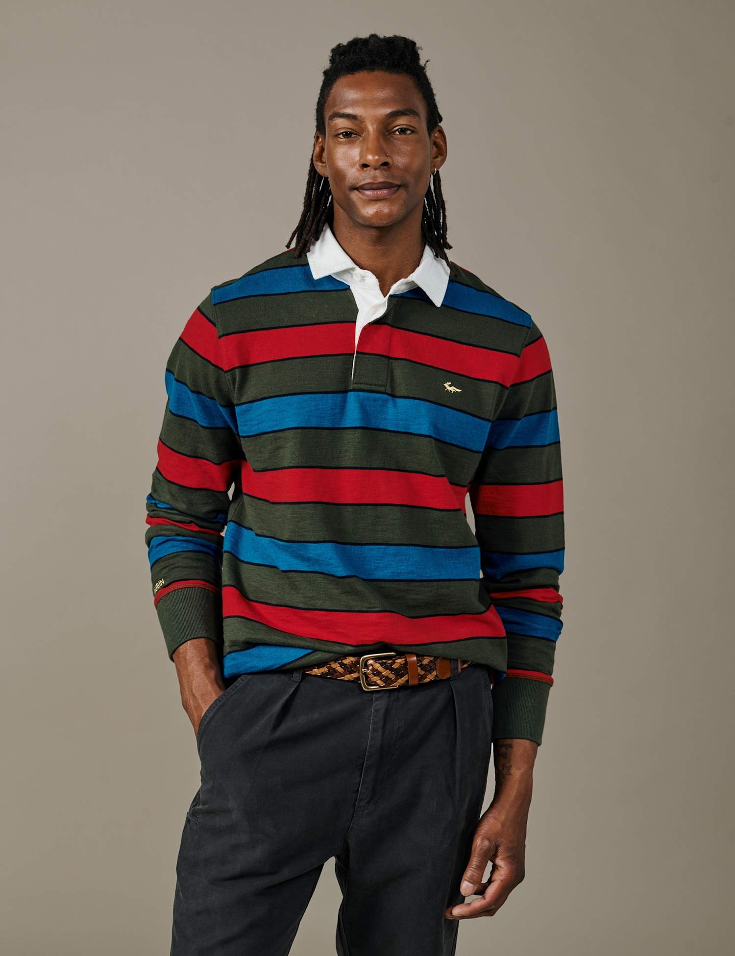 Aubin Pure Cotton Striped Long Sleeve Rugby Shirt Khaki Mix