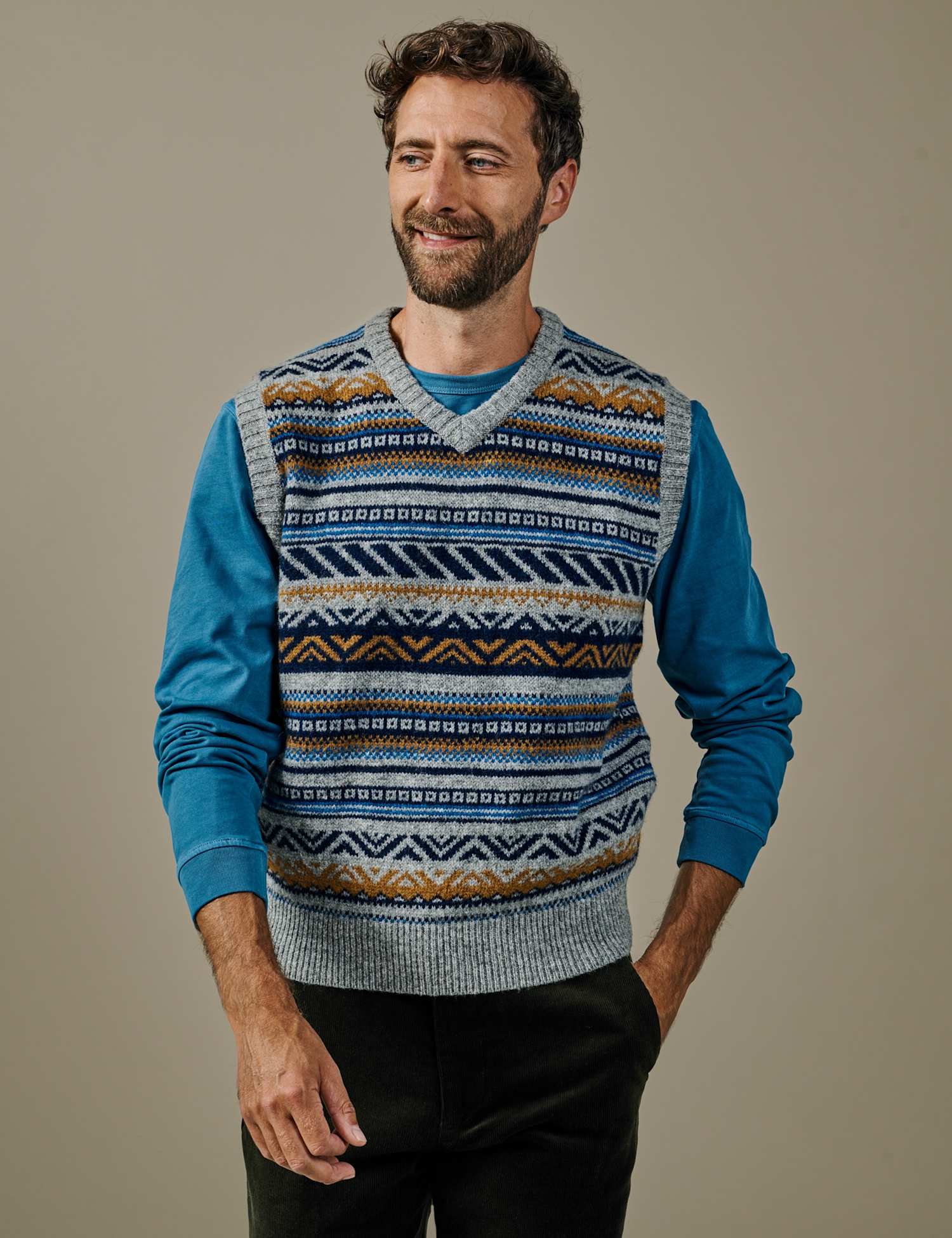 Aubin Pure Wool Fair Isle Sleeveless V Neck Knitted Vest Grey Mix