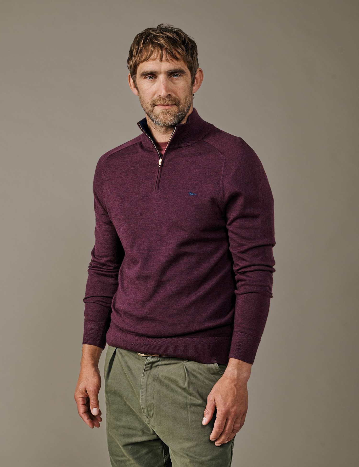 Aubin Pure Merino Wool Herringbone Half Zip Jumper Dark Burgundy