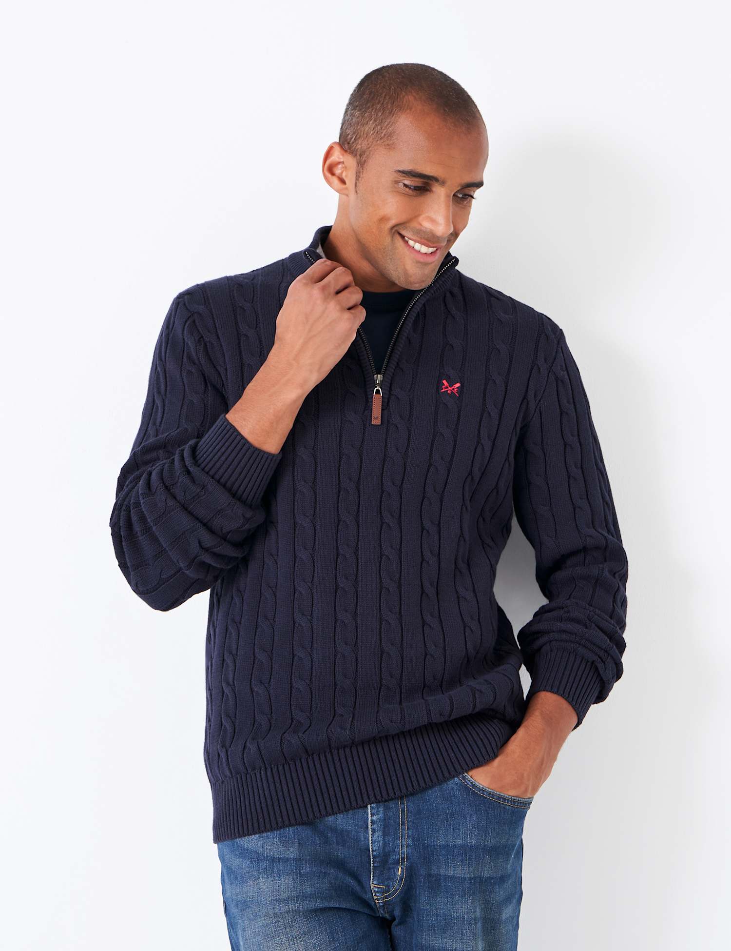 Crew Clothing Pure Cotton Cable Half Zip Jumper Dark Navy