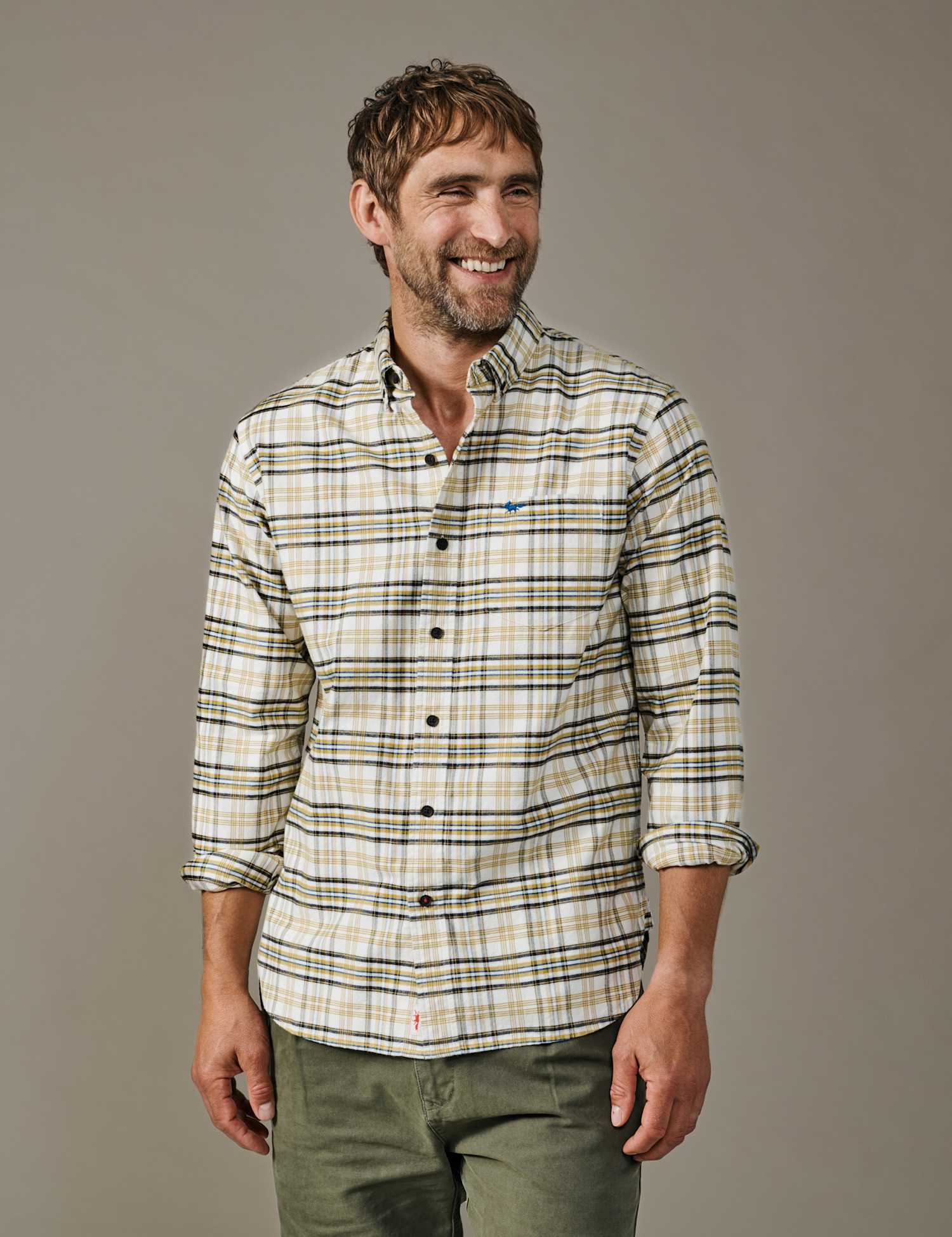 Aubin Regular Fit Pure Cotton Check Oxford Shirt Gold Mix