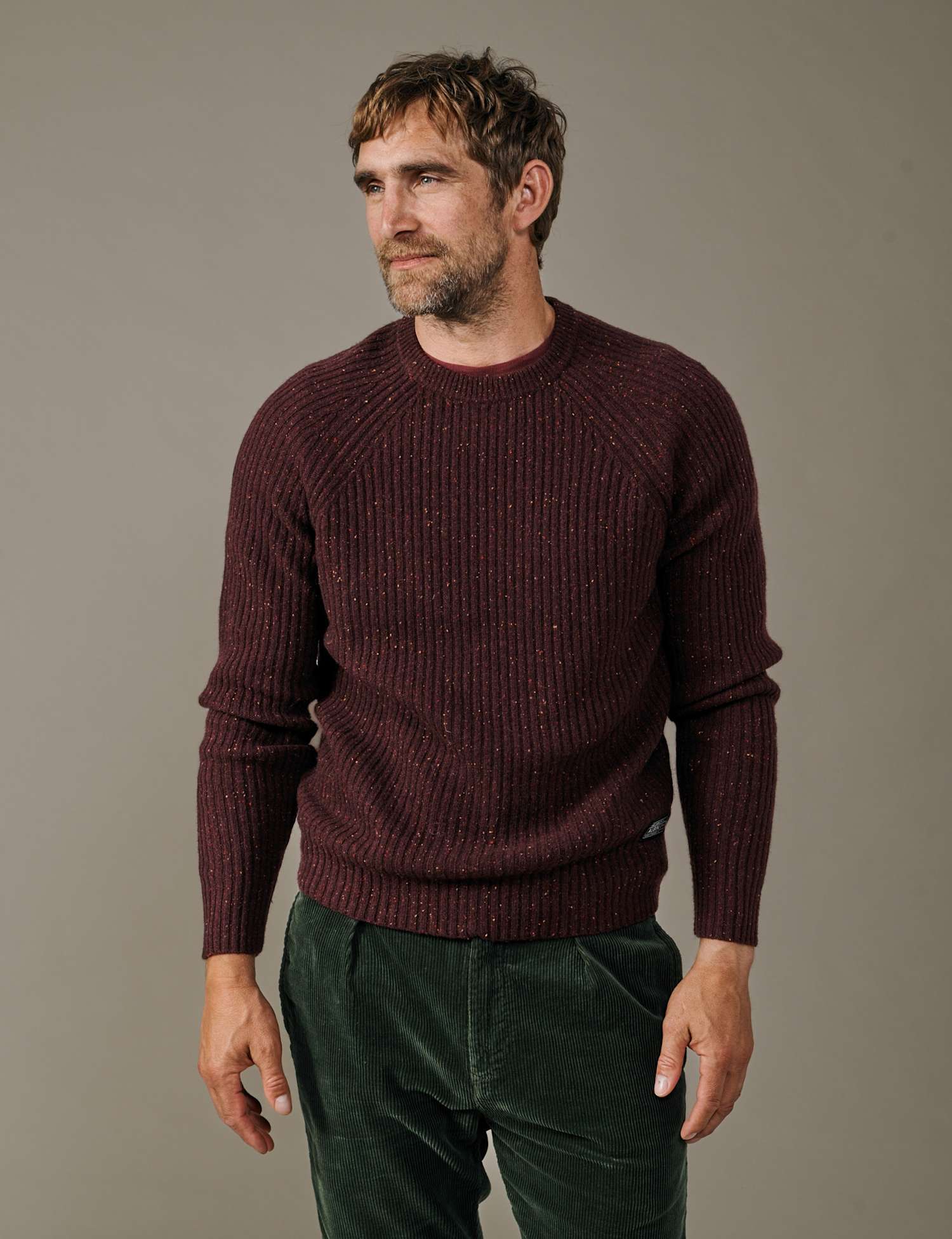 Aubin Lambswool Rich Ribbed Crew Neck Jumper Burgundy Mix