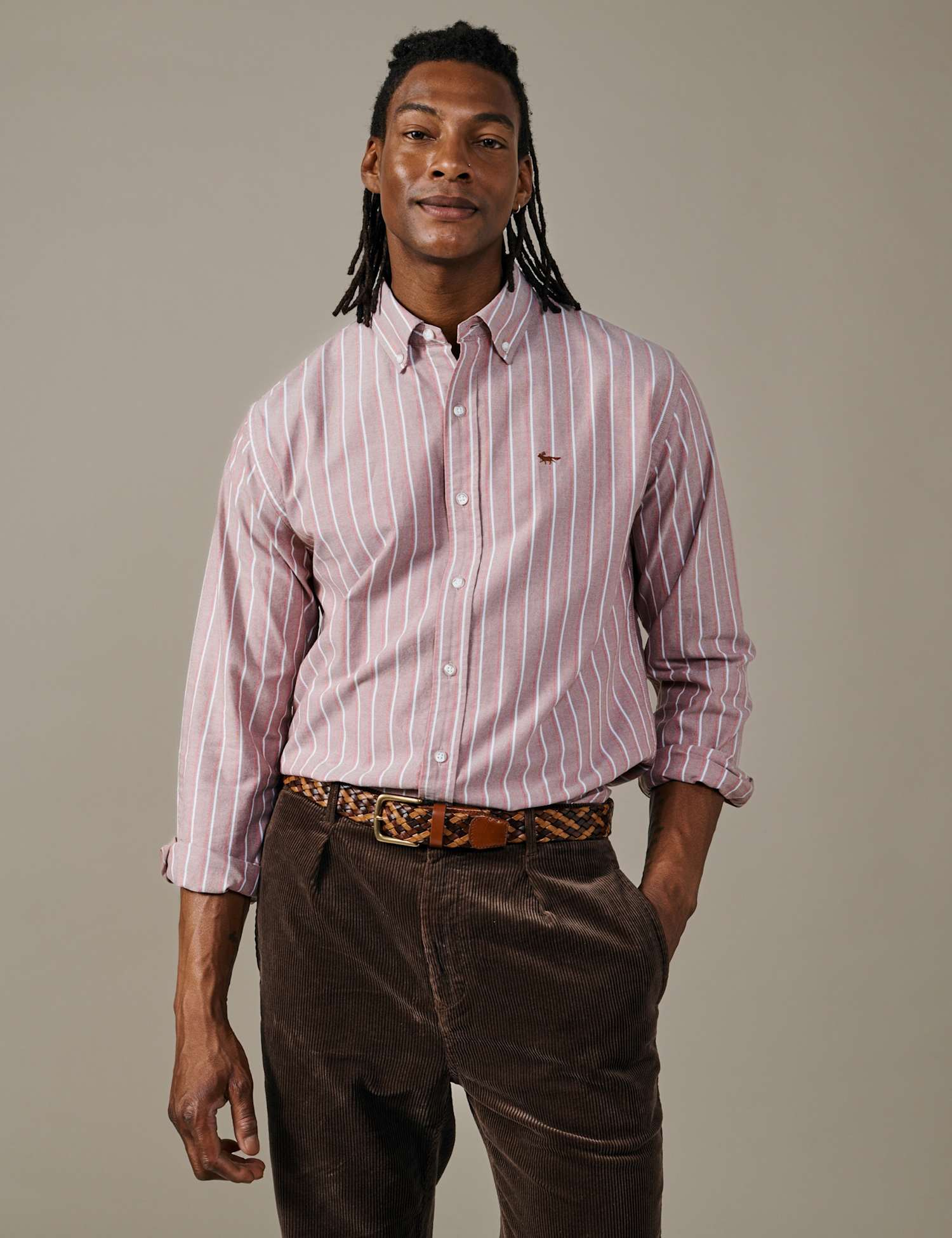 Aubin Relaxed Fit Pure Cotton Striped Oxford Shirt Red Mix