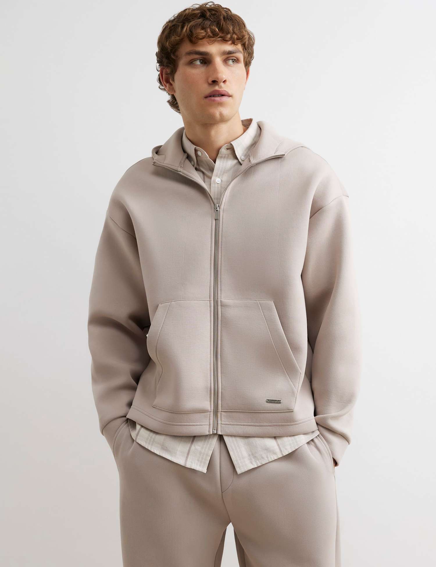 River Island Oversized Pure Cotton Long Sleeve Zip Up Hoodie Stone