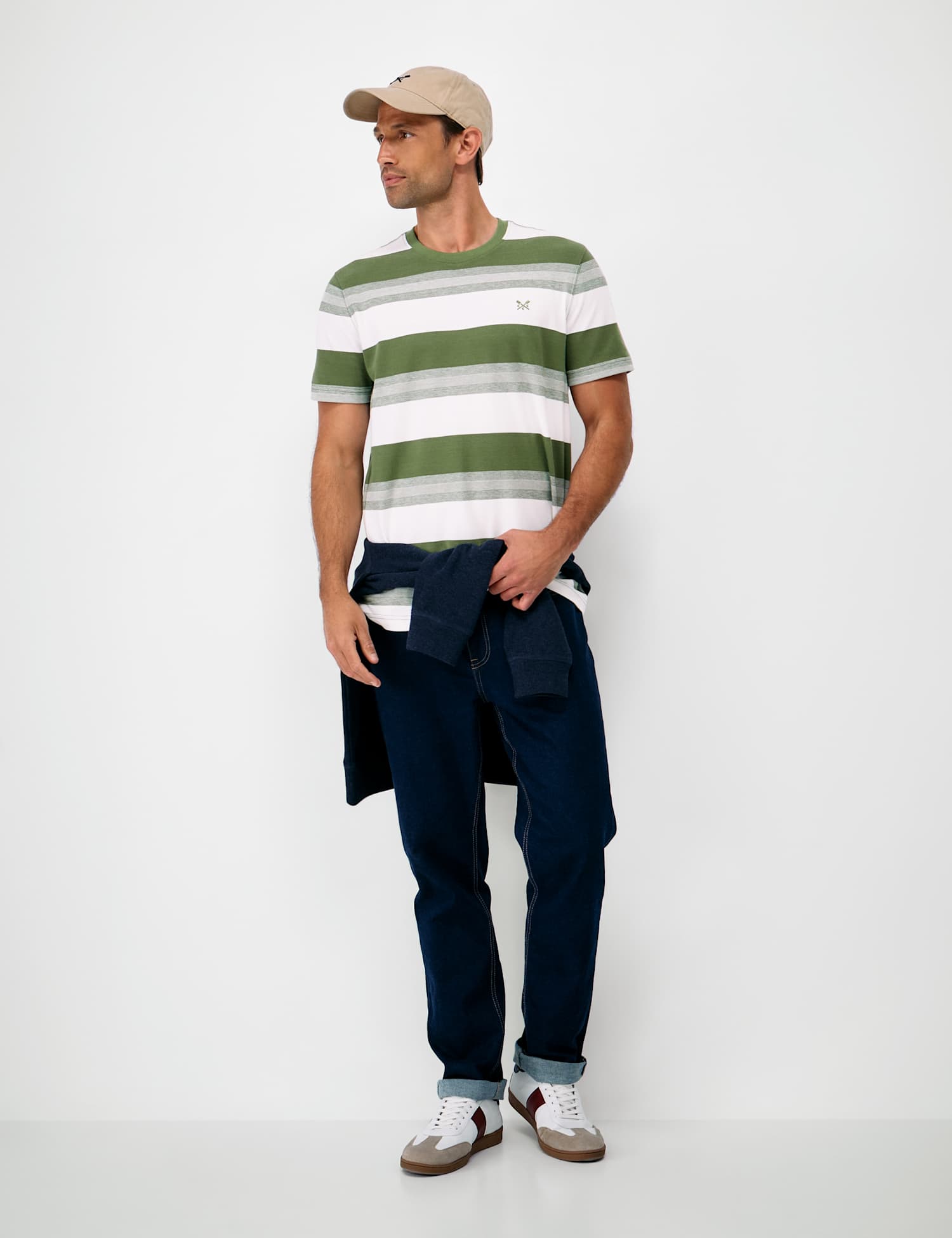 Crew Clothing Striped Oxford Cotton T Shirt Olive