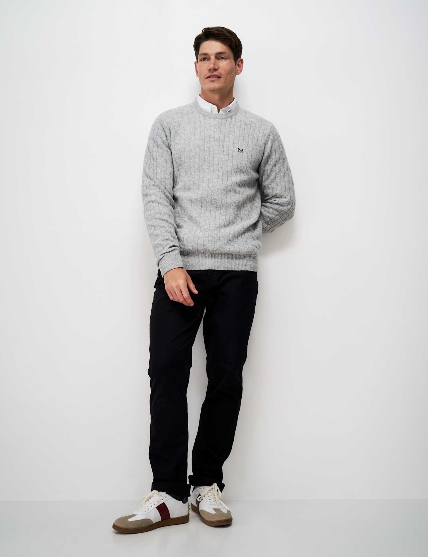 Crew Clothing Lambswool Rich Cable Crew Neck Jumper Medium Grey