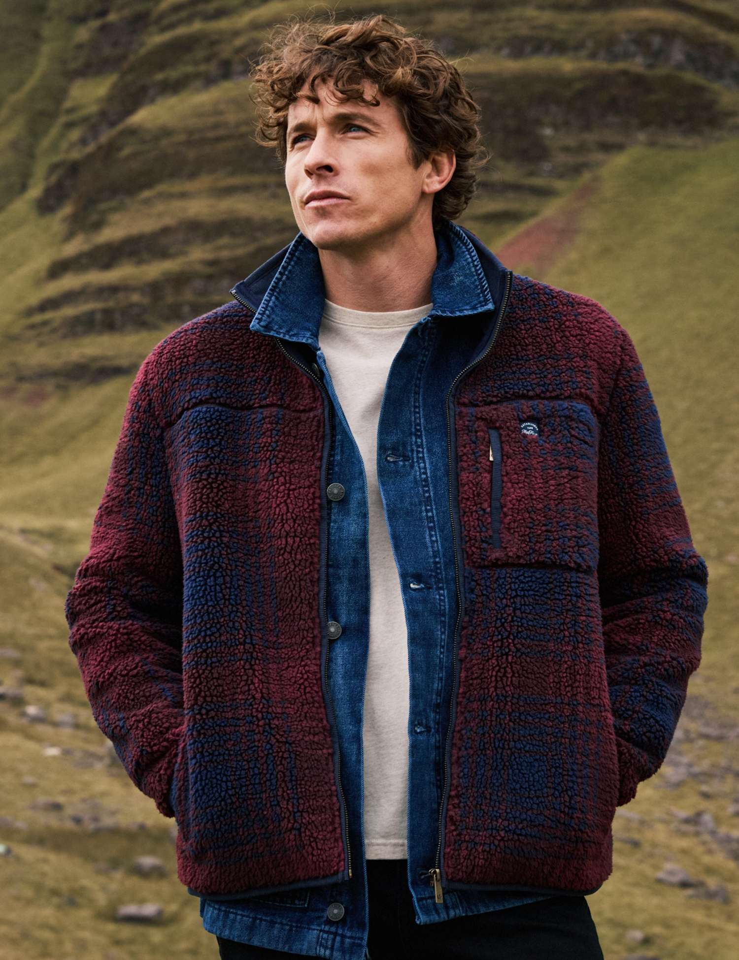 FatFace Checked Collared Zip Up Fleece Navy Mix