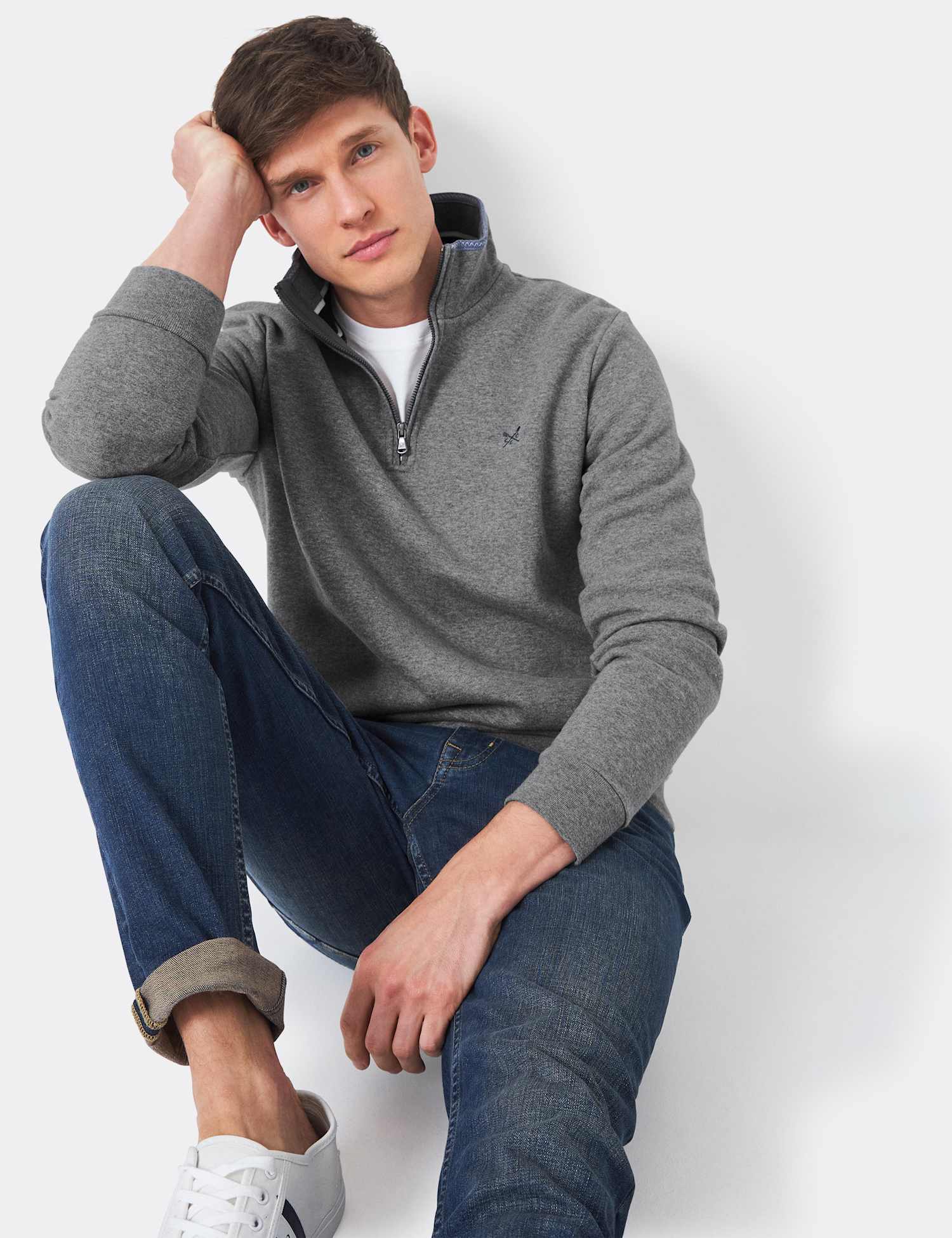 Crew Clothing Cotton Rich Half Zip Sweatshirt Grey Marl