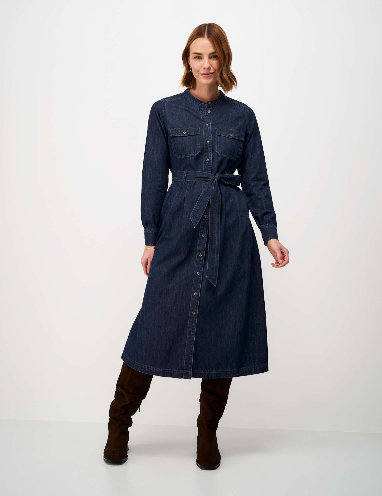 Crew Clothing Denim Button Through Tie Waist Maxi Shirt Dress Medium Blue