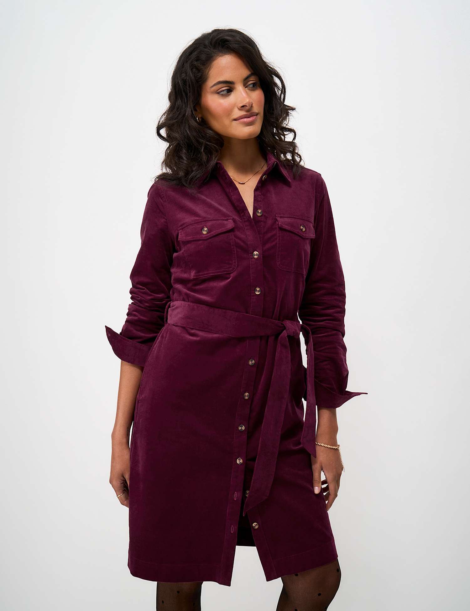 Crew Clothing Cord Collared Tie Detail Midi Column Dress Berry