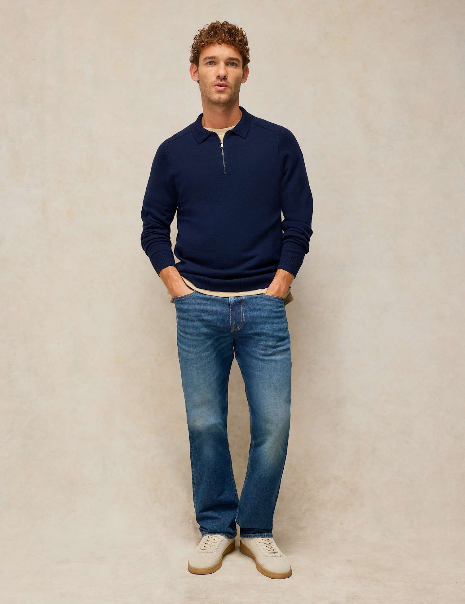 White Stuff Pure Wool Half Zip Long Sleeve Polo Shirt Dark Navy