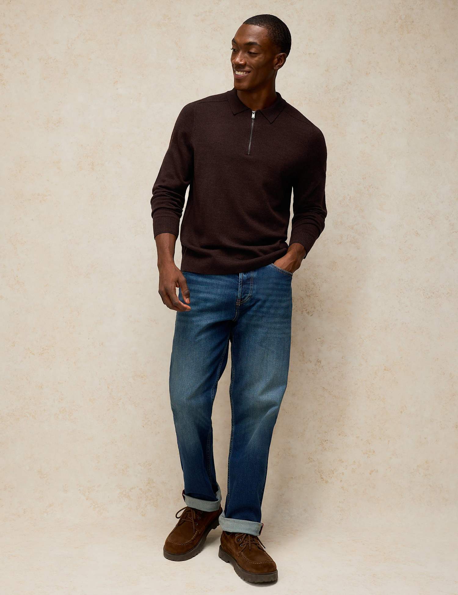 White Stuff Pure Wool Half Zip Long Sleeve Polo Shirt Medium Brown