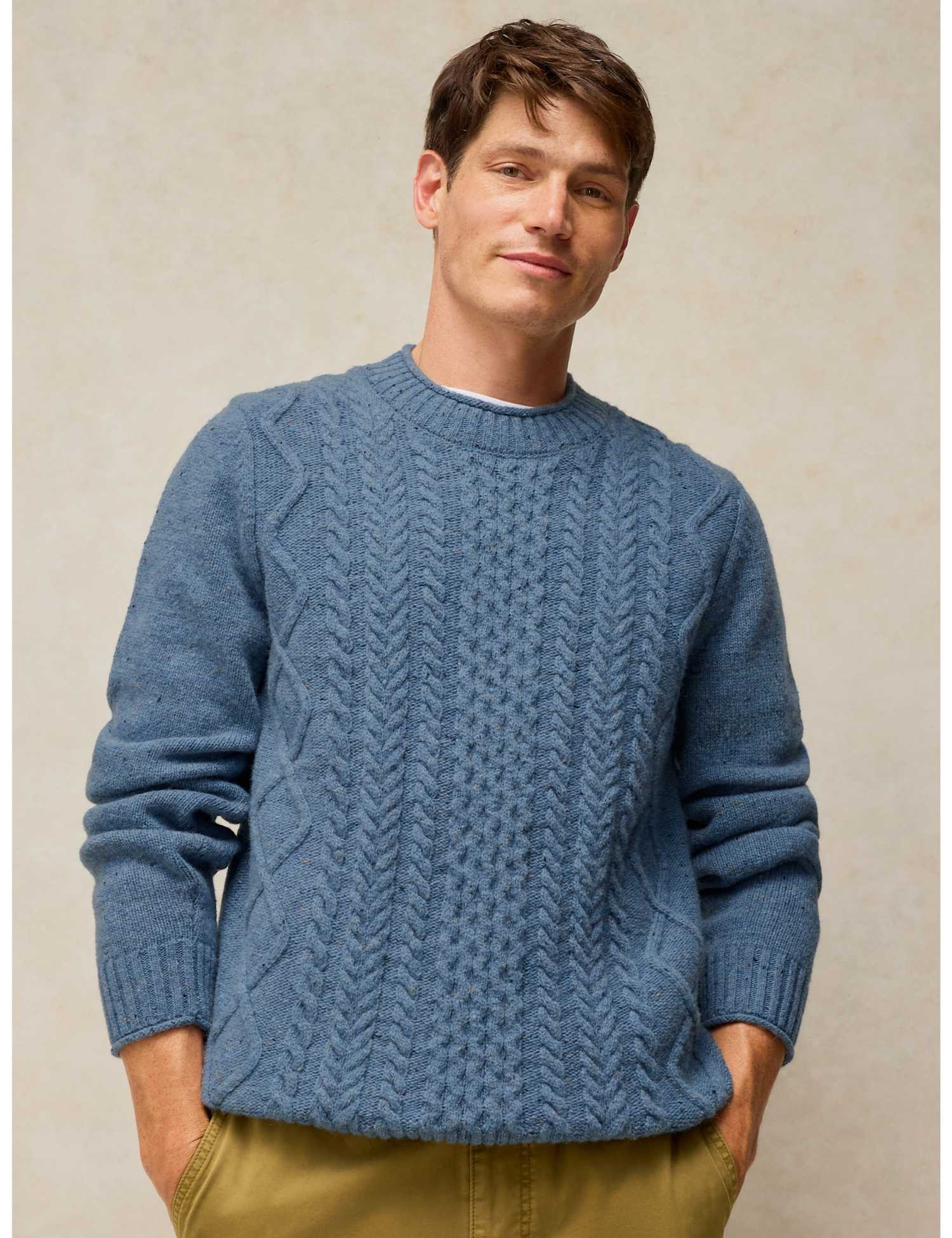 White Stuff Berkley Wool Rich Cable Crew Neck Jumper Blue Mix