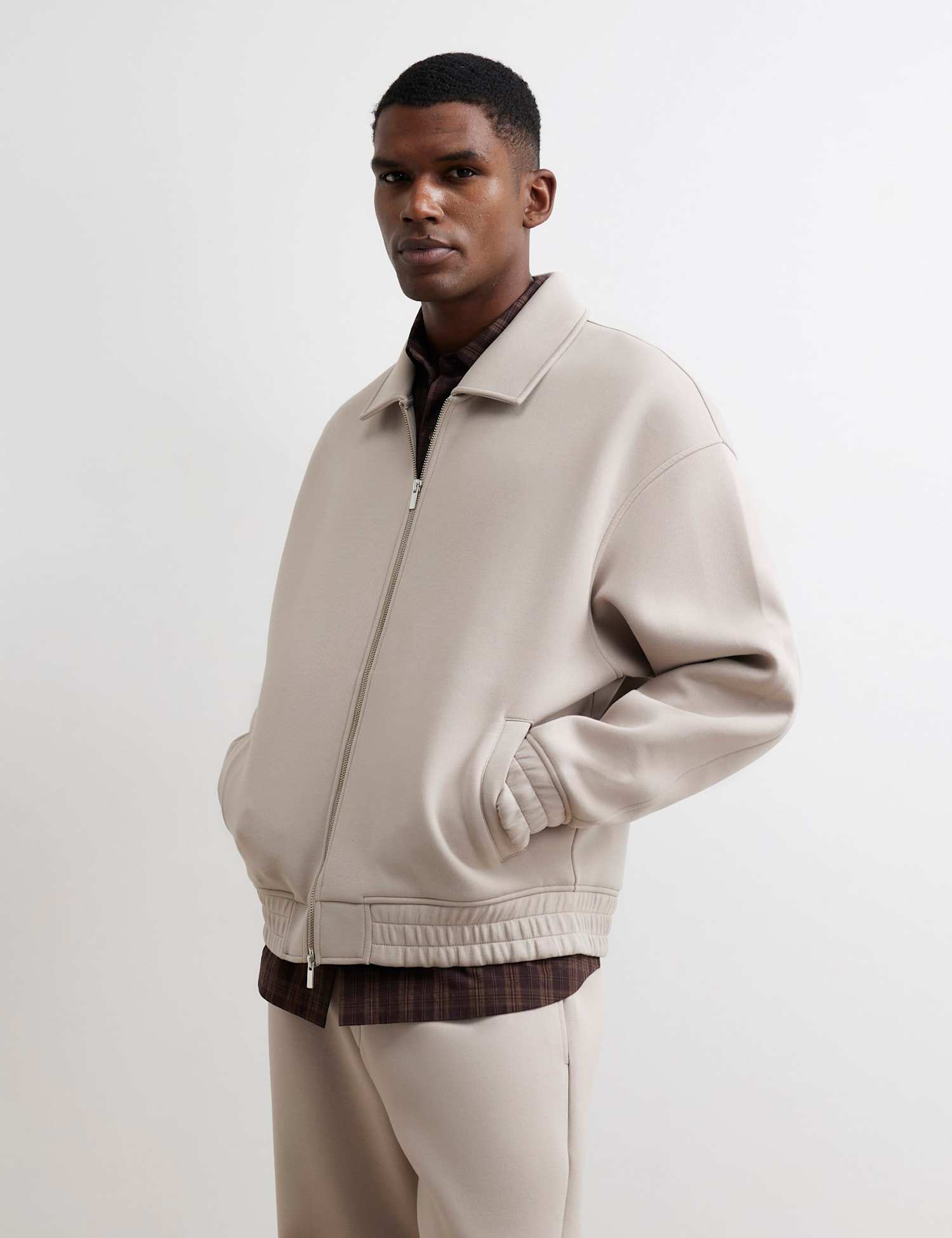 River Island Cotton Blend Technical Harrington Jacket Stone