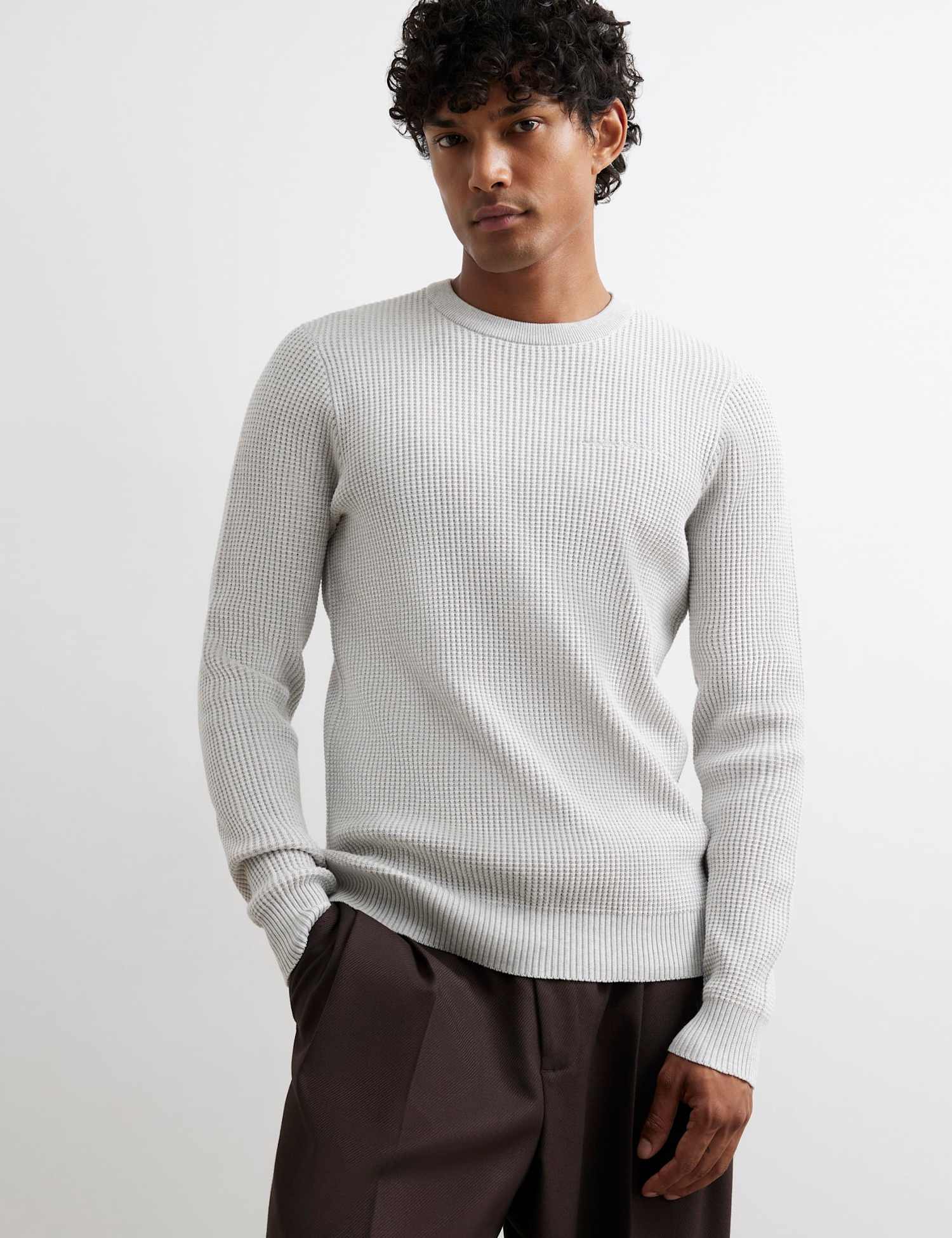 River Island Pure Cotton Waffle Crew Neck Jumper Grey Marl