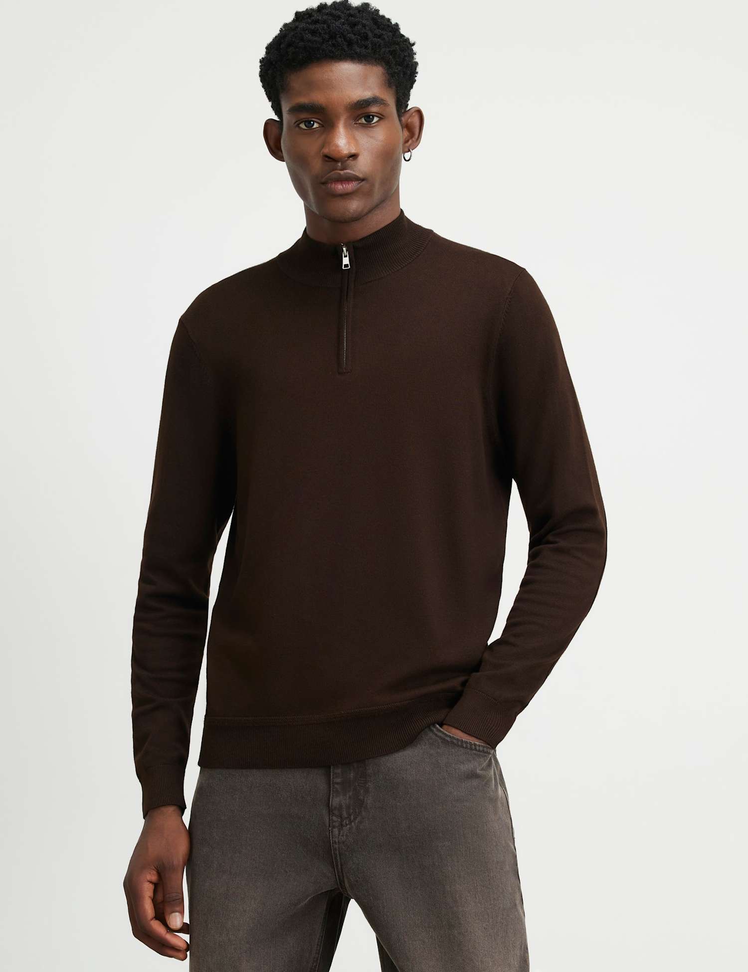 River Island Textured Half Zip Jumper Dark Brown