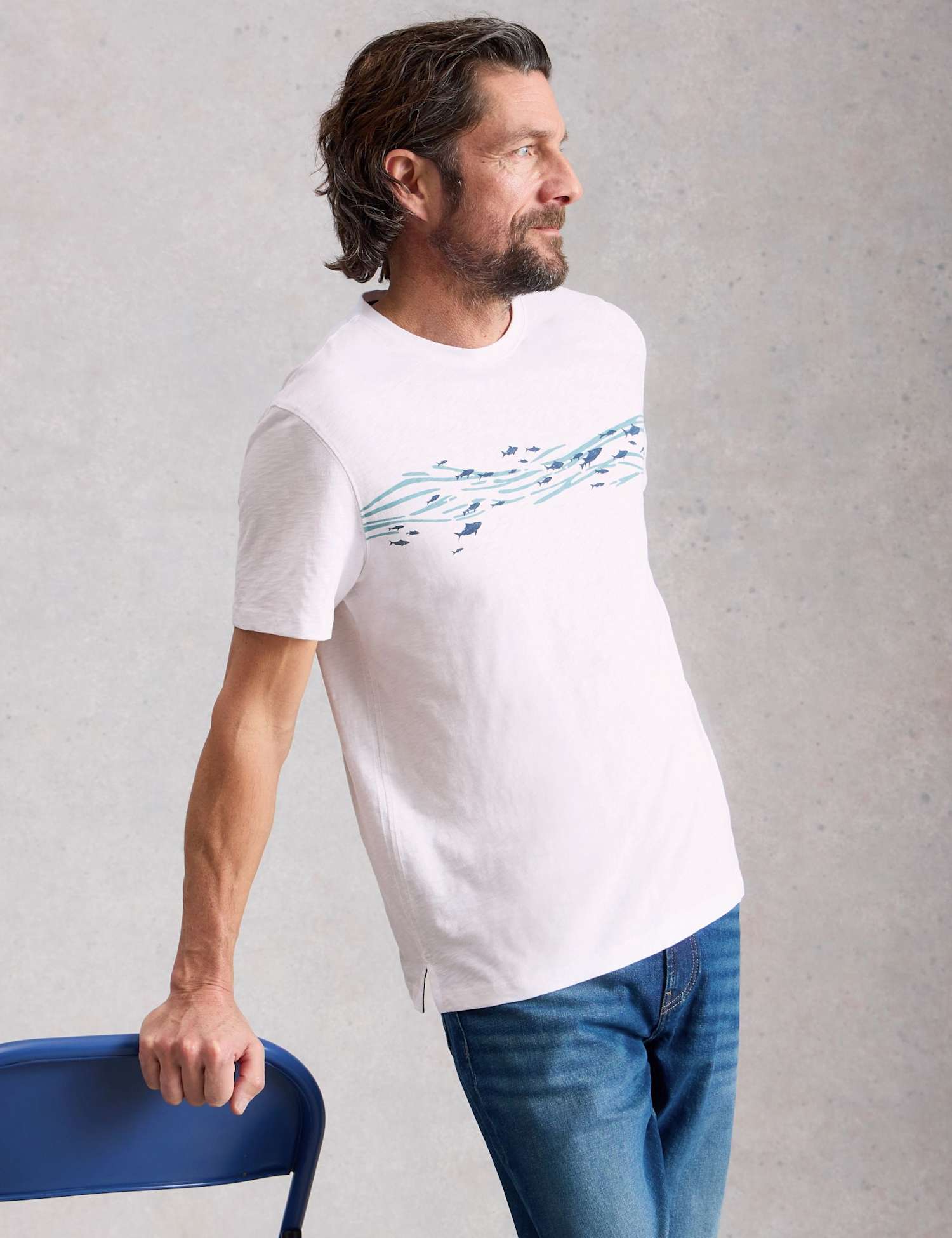 White Stuff Pure Cotton Abersoch Swimming Fish T-Shirt White Mix