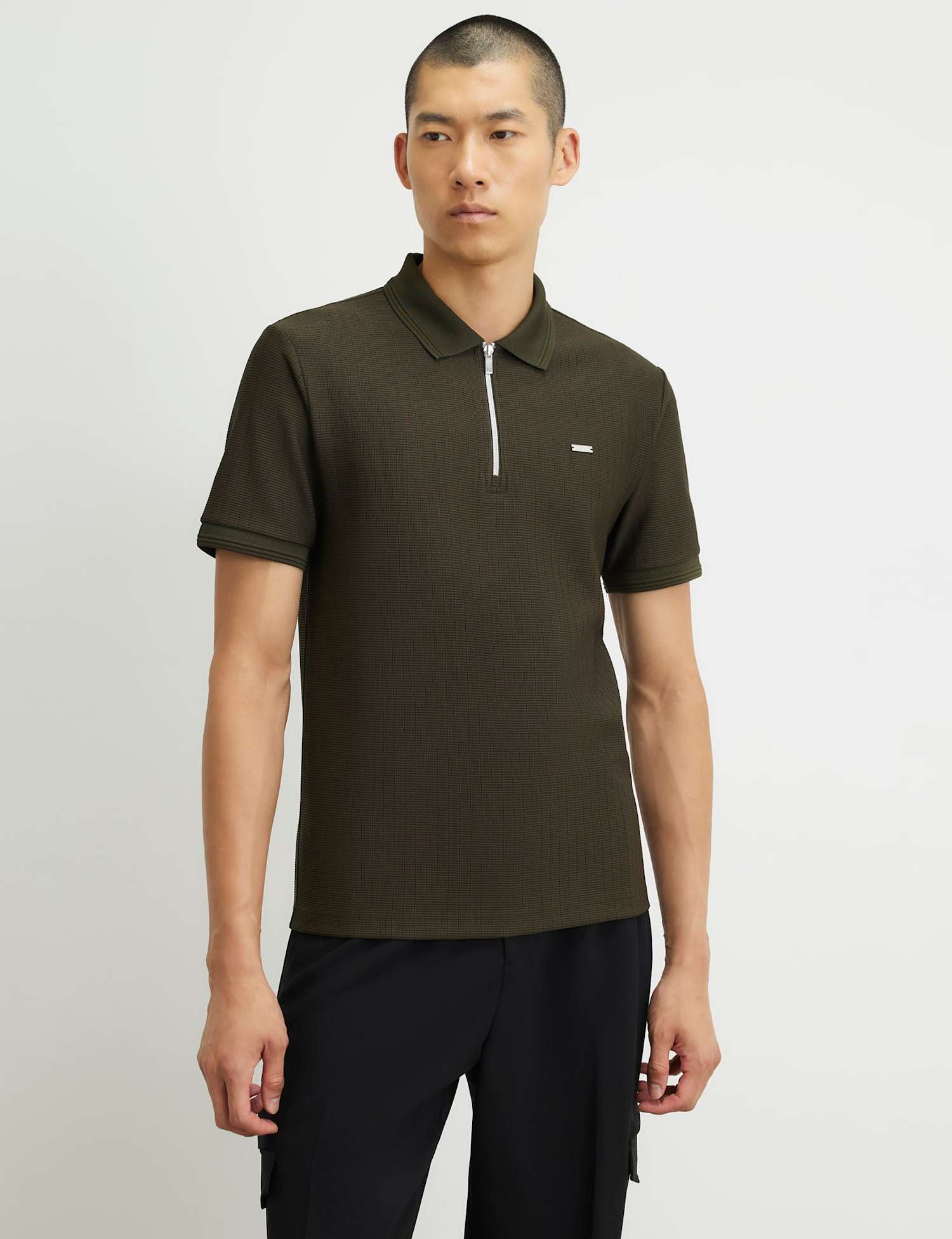 River Island Textured Zip Up Short Sleeve Polo Shirt Khaki