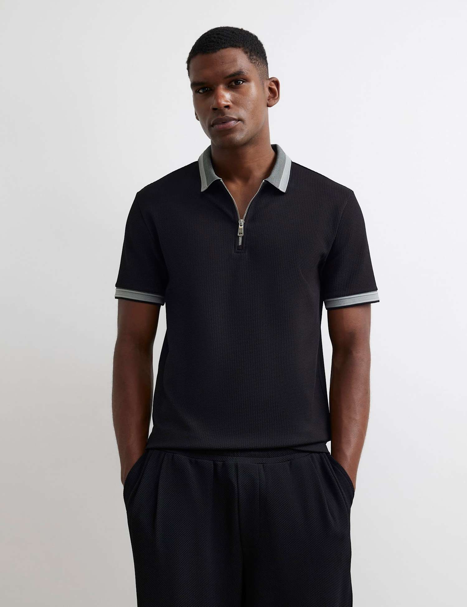 River Island Slim Fit Waffle Zip Polo Shirt Black
