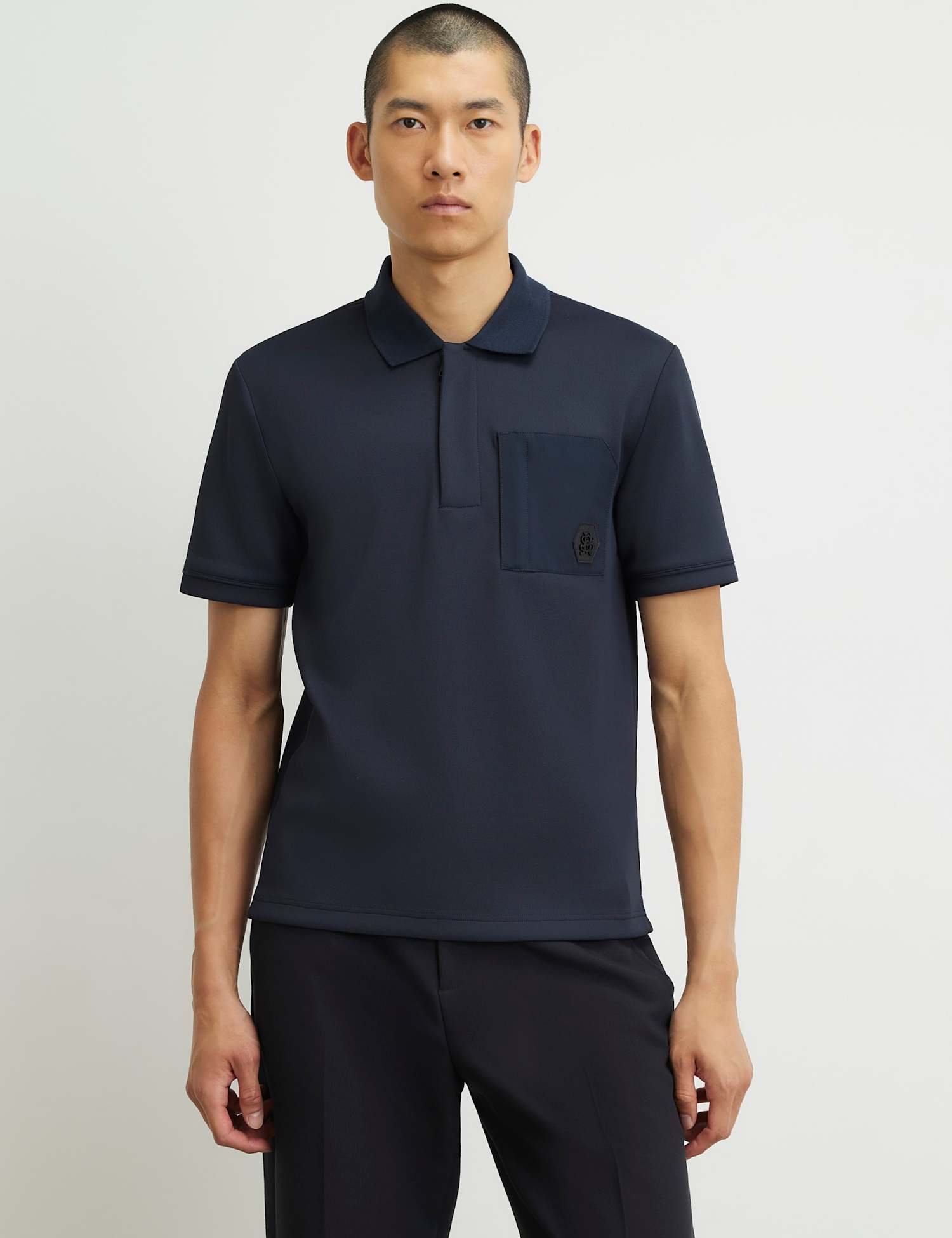 River Island Slim Fit Printed Zip Up Short Sleeve Polo Shirt Navy