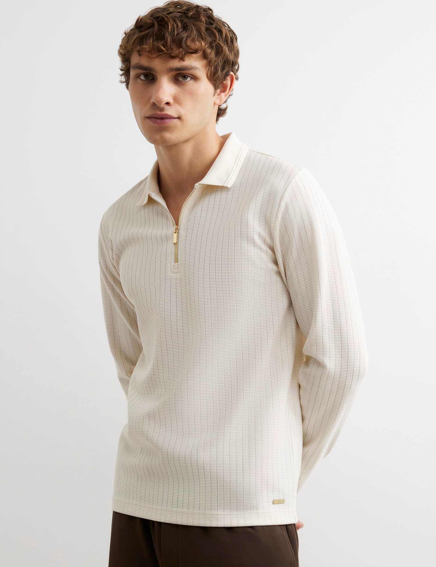 River Island Textured Zip Up Long Sleeve Polo Shirt Ecru