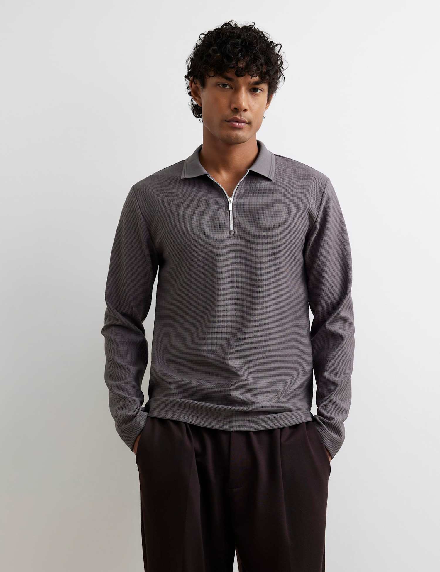 River Island Textured Zip Up Long Sleeve Polo Shirt Dark Grey